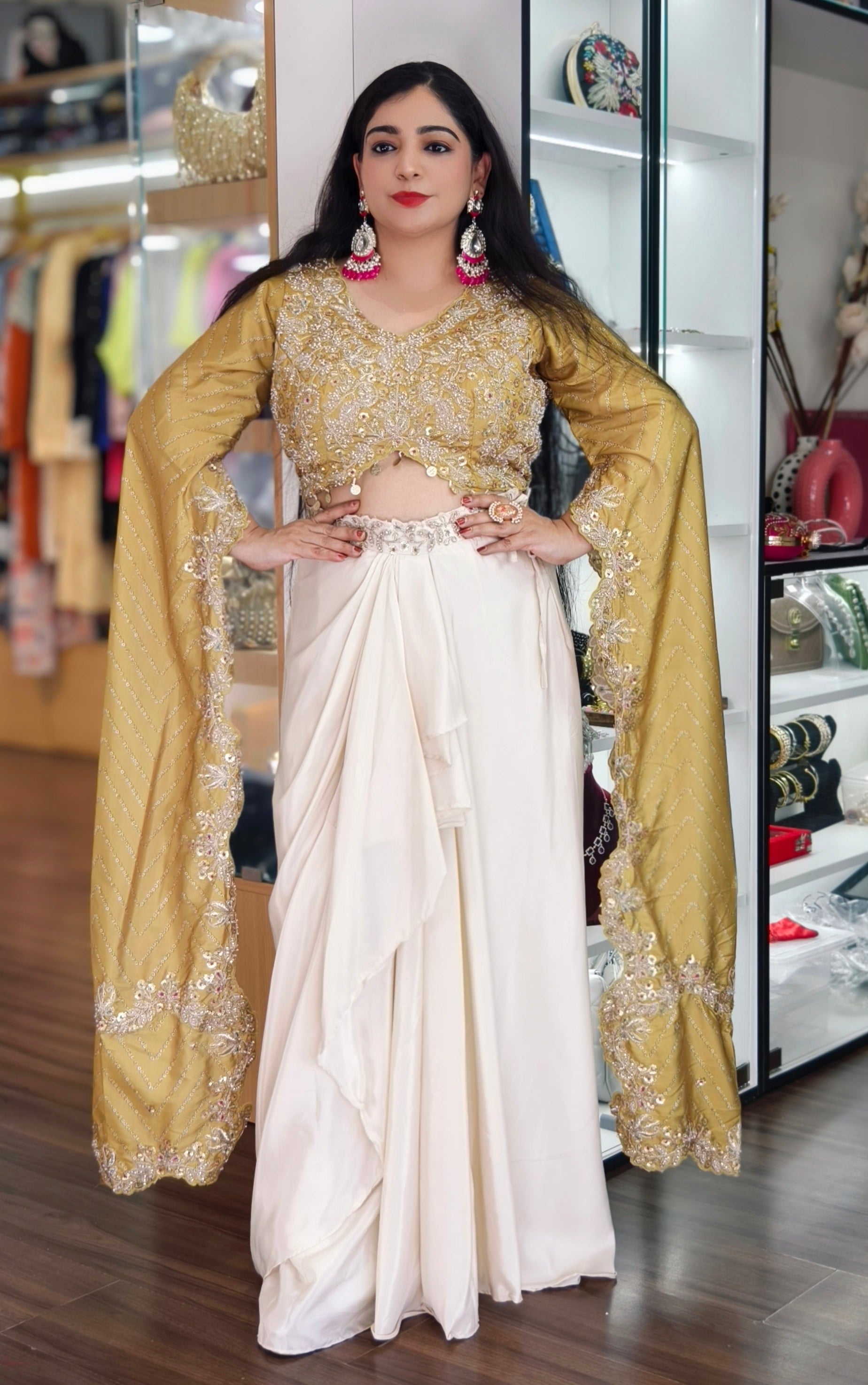 RUST & YELLOW & PINK PURE CREPE INDO WESTERN PARTYWEAR DRESS