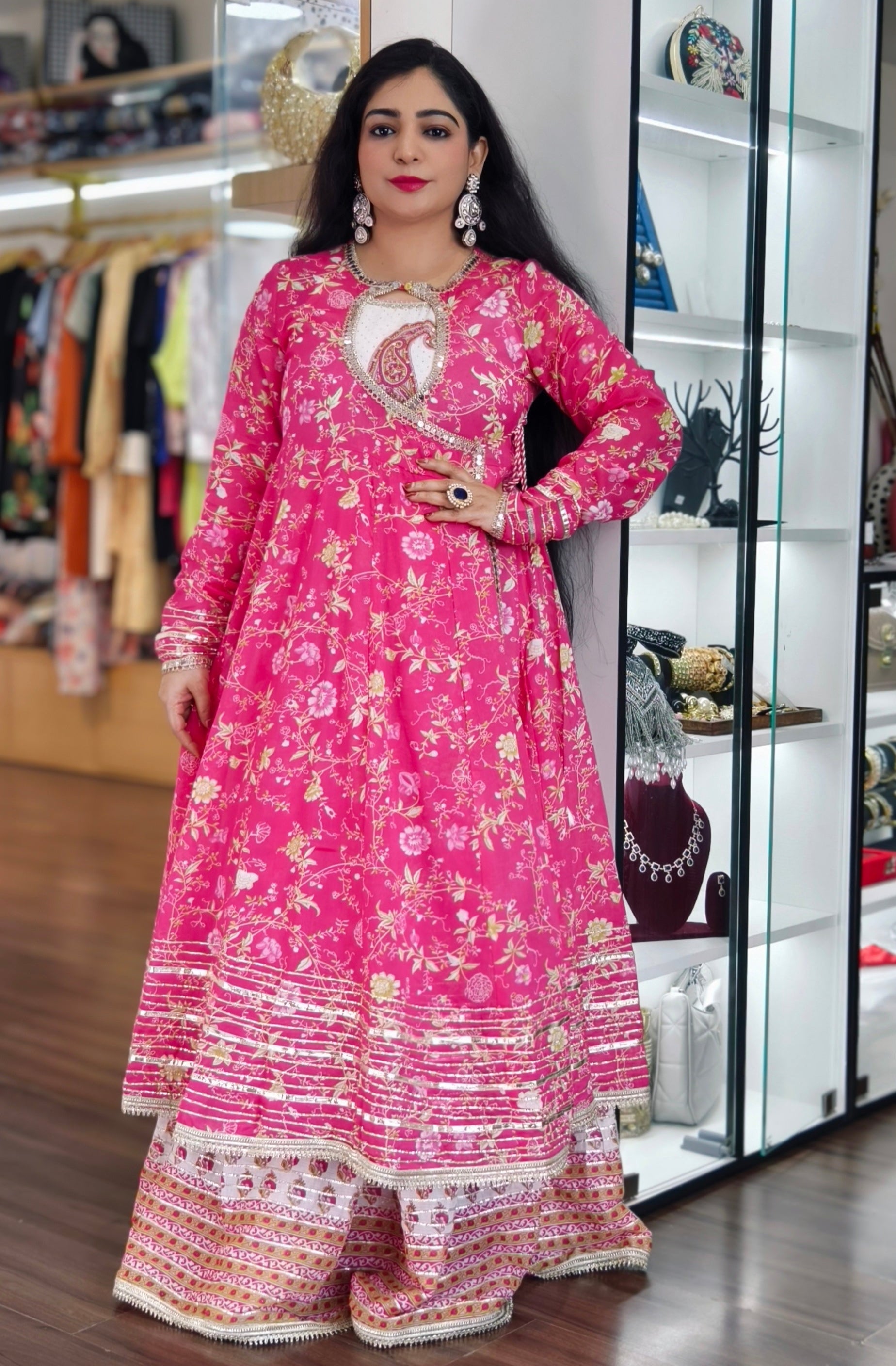 PINK COTTON ANARKALI DRESS WITH SHRUG