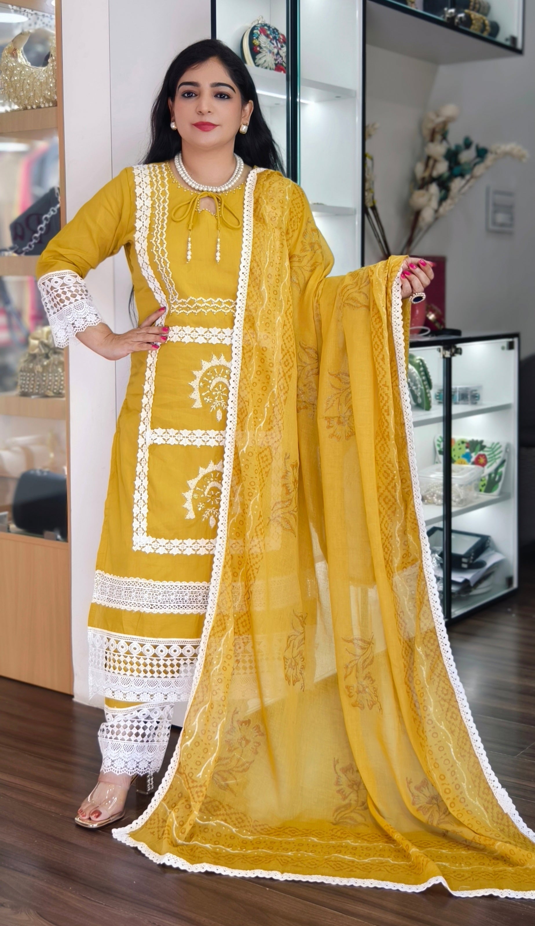 YELLOW & FEROZI PURE COTTON SUIT WITH PRINTED DUPATTA
