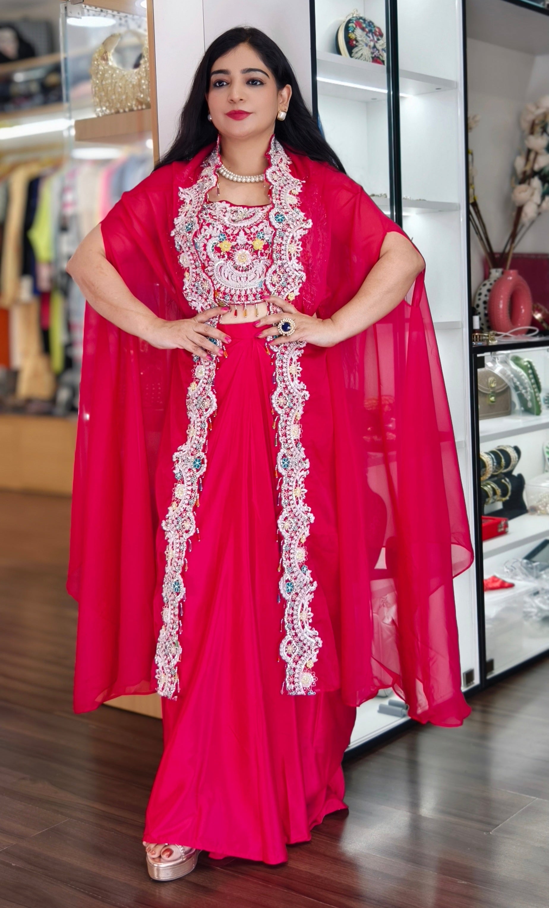 HOT PINK & YELLOW & FIROZI  PURE CREPE INDO WESTERN PARTYWEAR DRESS