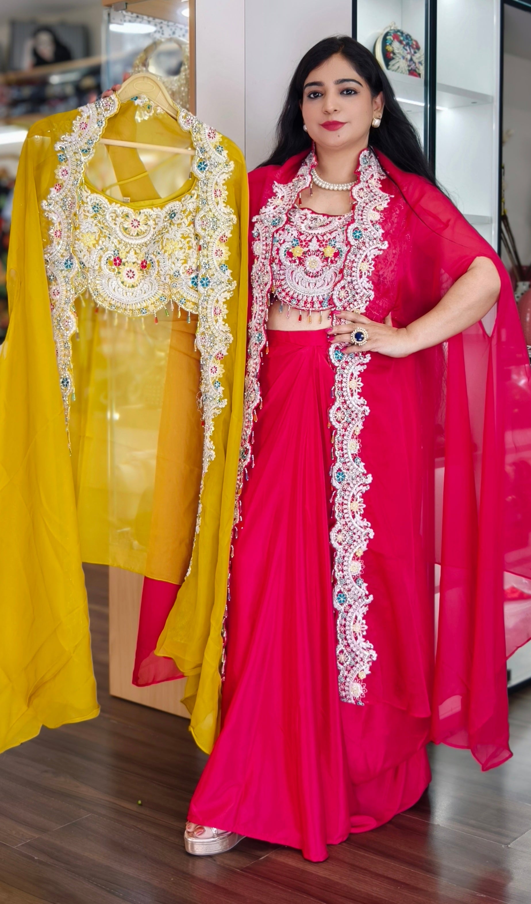HOT PINK & YELLOW & FIROZI  PURE CREPE INDO WESTERN PARTYWEAR DRESS