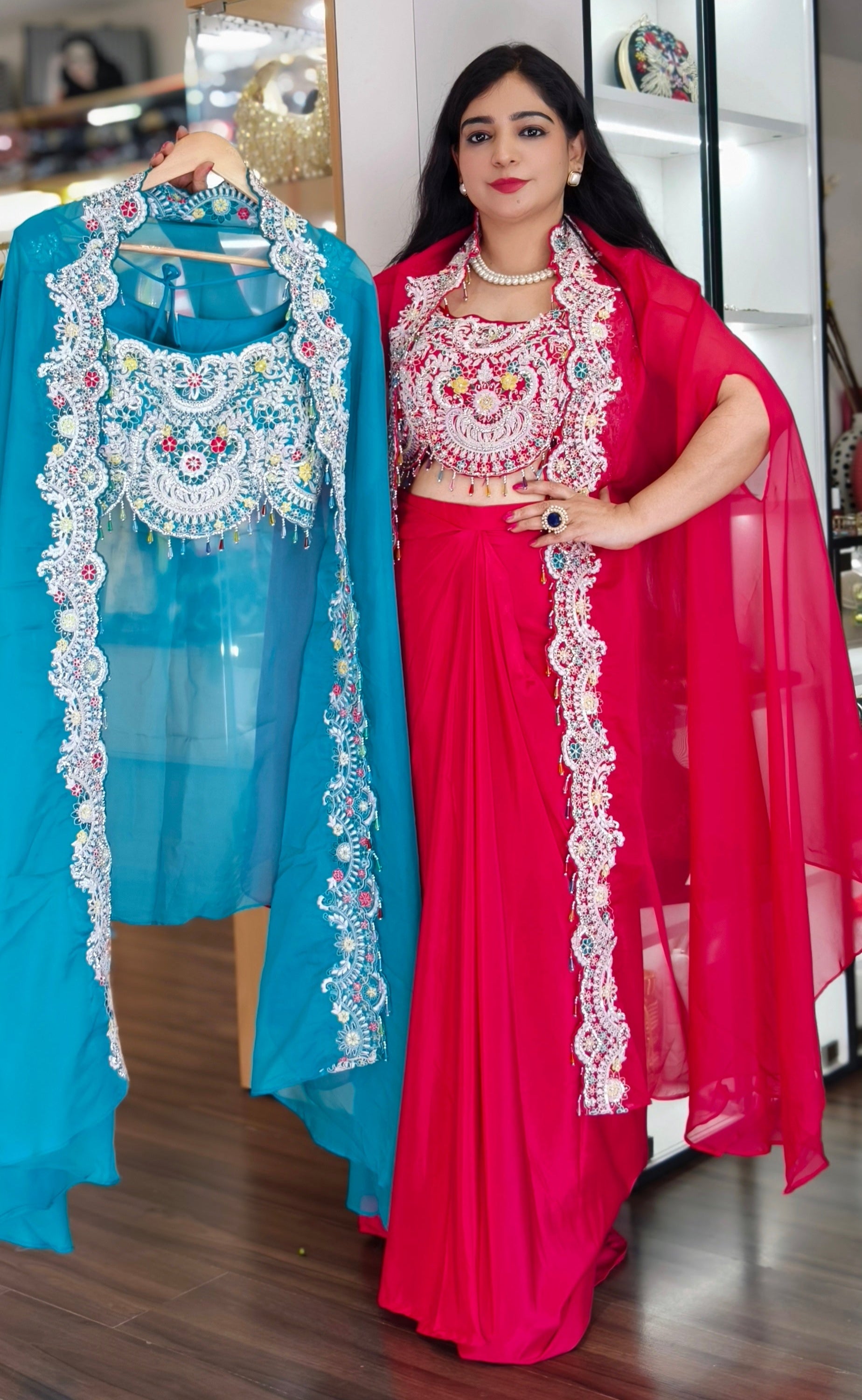 HOT PINK & YELLOW & FIROZI  PURE CREPE INDO WESTERN PARTYWEAR DRESS