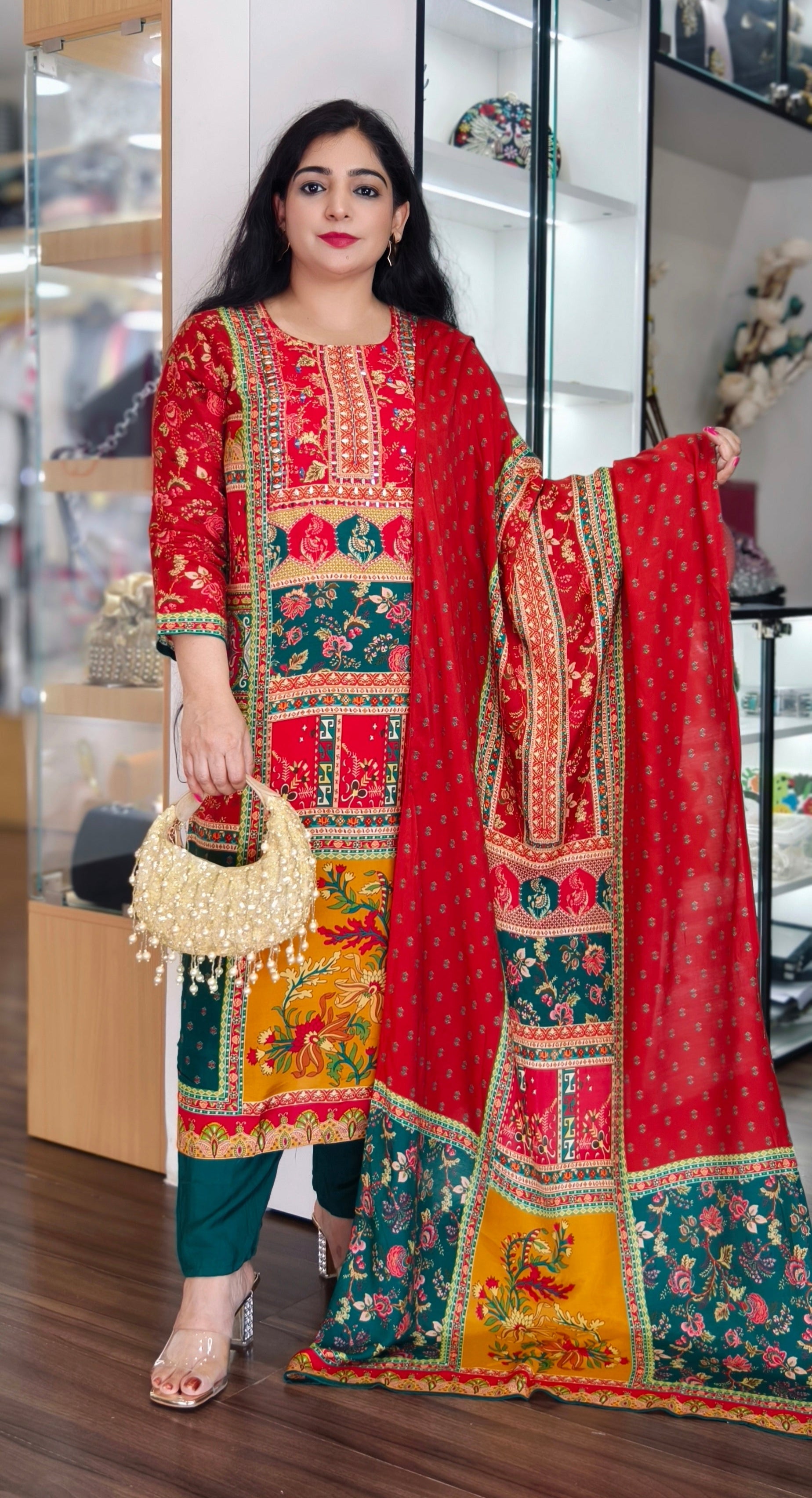 RED PURE VISCOSE MUSLIN TOP FEATURING INTRICATE ALL-OVER HANDWORK,  AND DELICATE LACE DETAILING, PAIRED