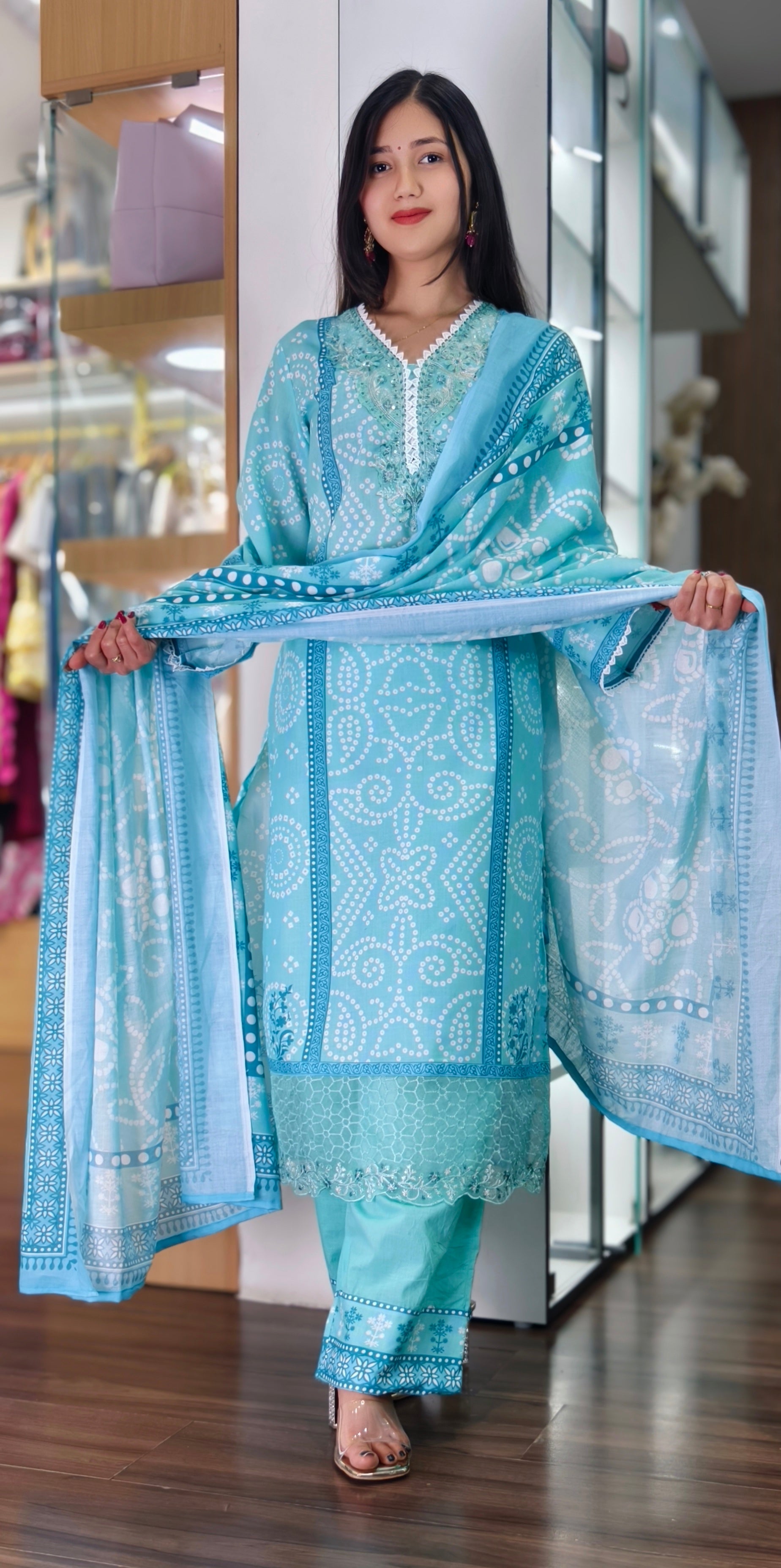 PINK AND FIROZI PRINTED COTTON SUIT WITH DISIGNER  PALLAZO