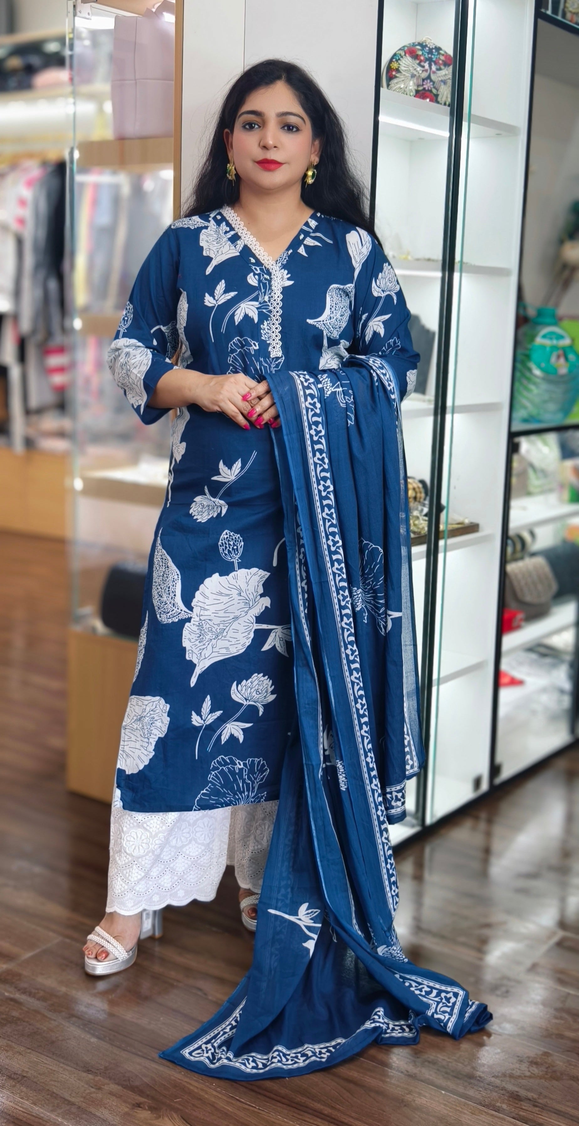 BLUE AND RED IKAT PRINT COTTON SUIT WITH DISIGNER PLAZO