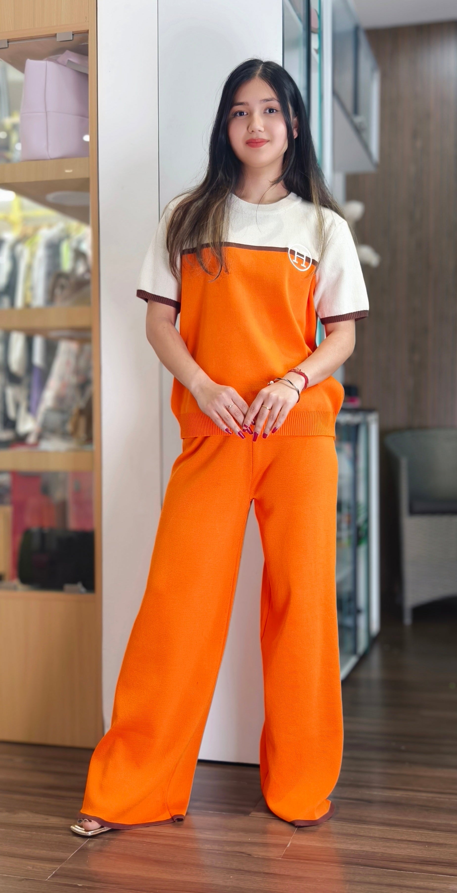 ORANGE AND BLACK IMPORTED KNITTED FABRIC COORDSET