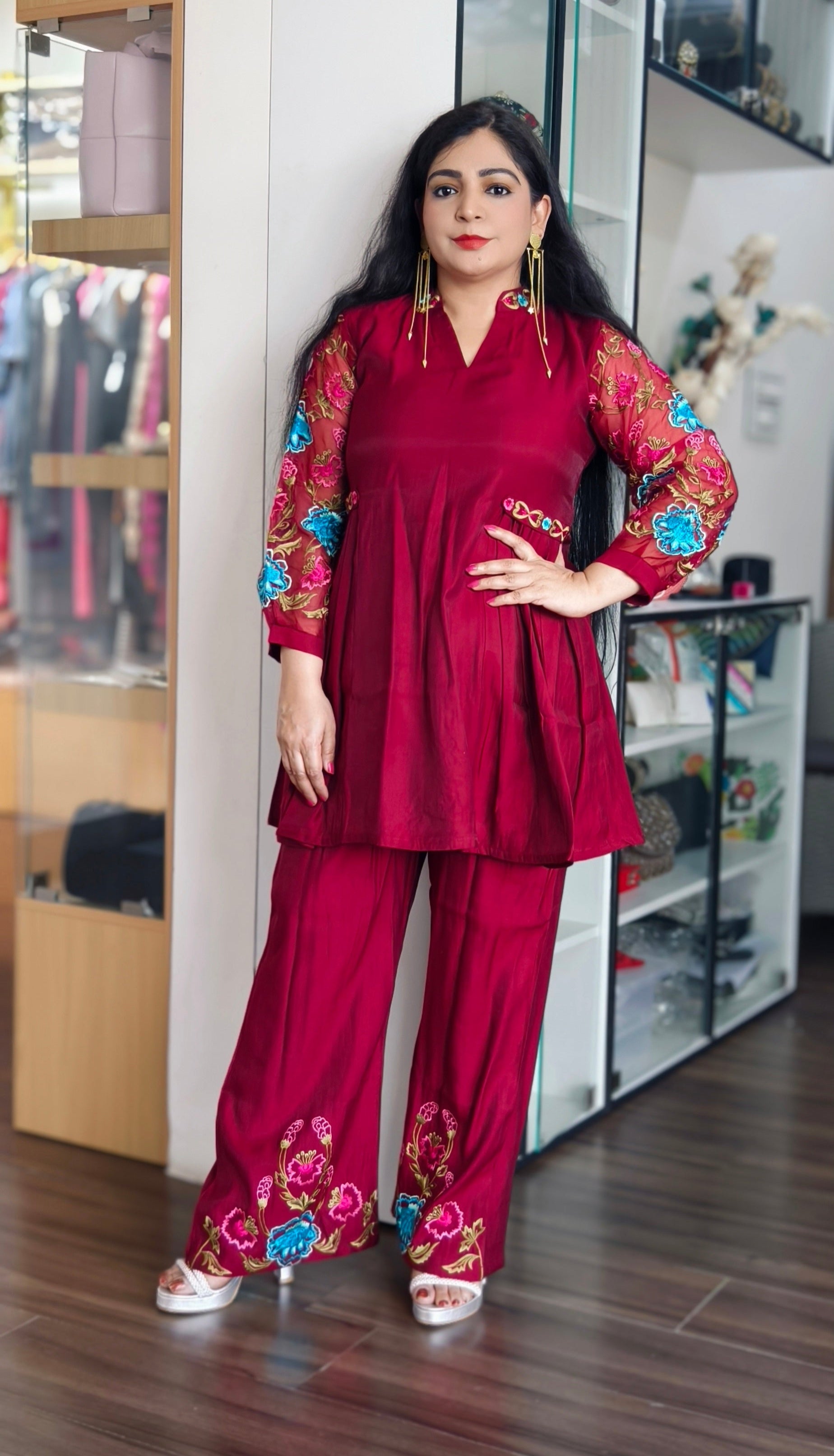 MAROON MUSLIN COTTON COORDSET WITH EMBROIDERY
