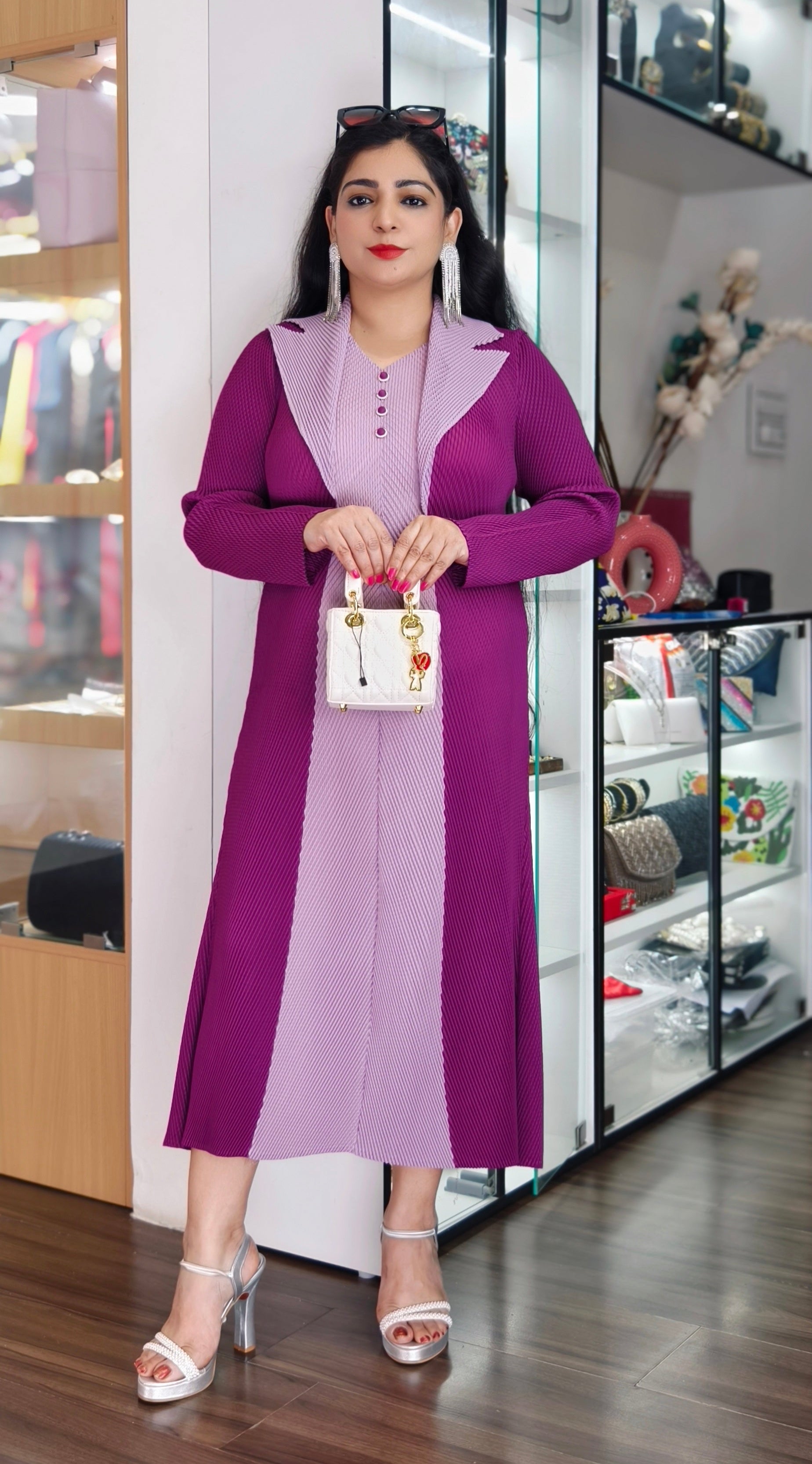 IMPORTED MAGENTA AND ORANGE WRINKLE FABRIC DRESS