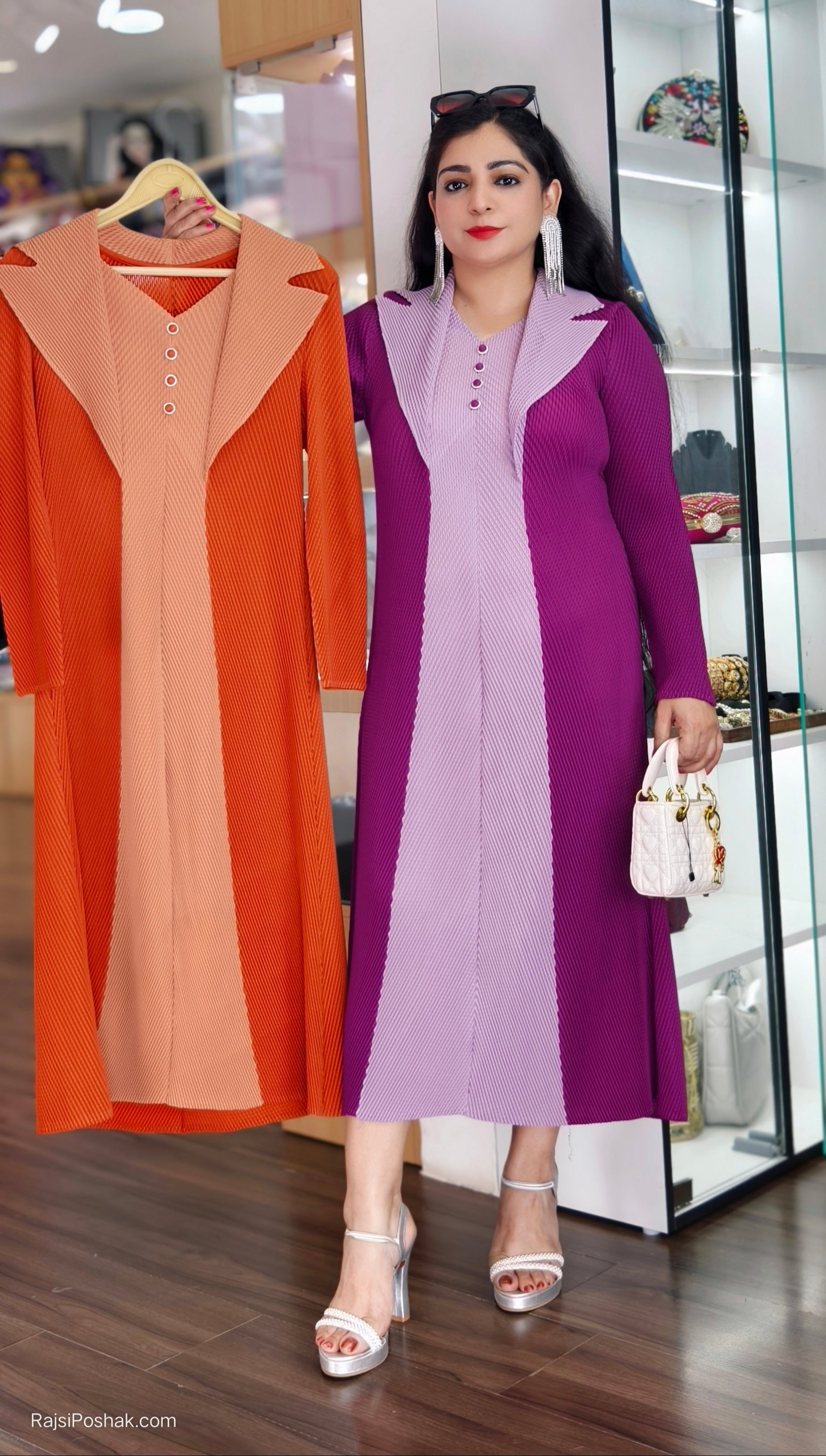 IMPORTED MAGENTA AND ORANGE WRINKLE FABRIC DRESS