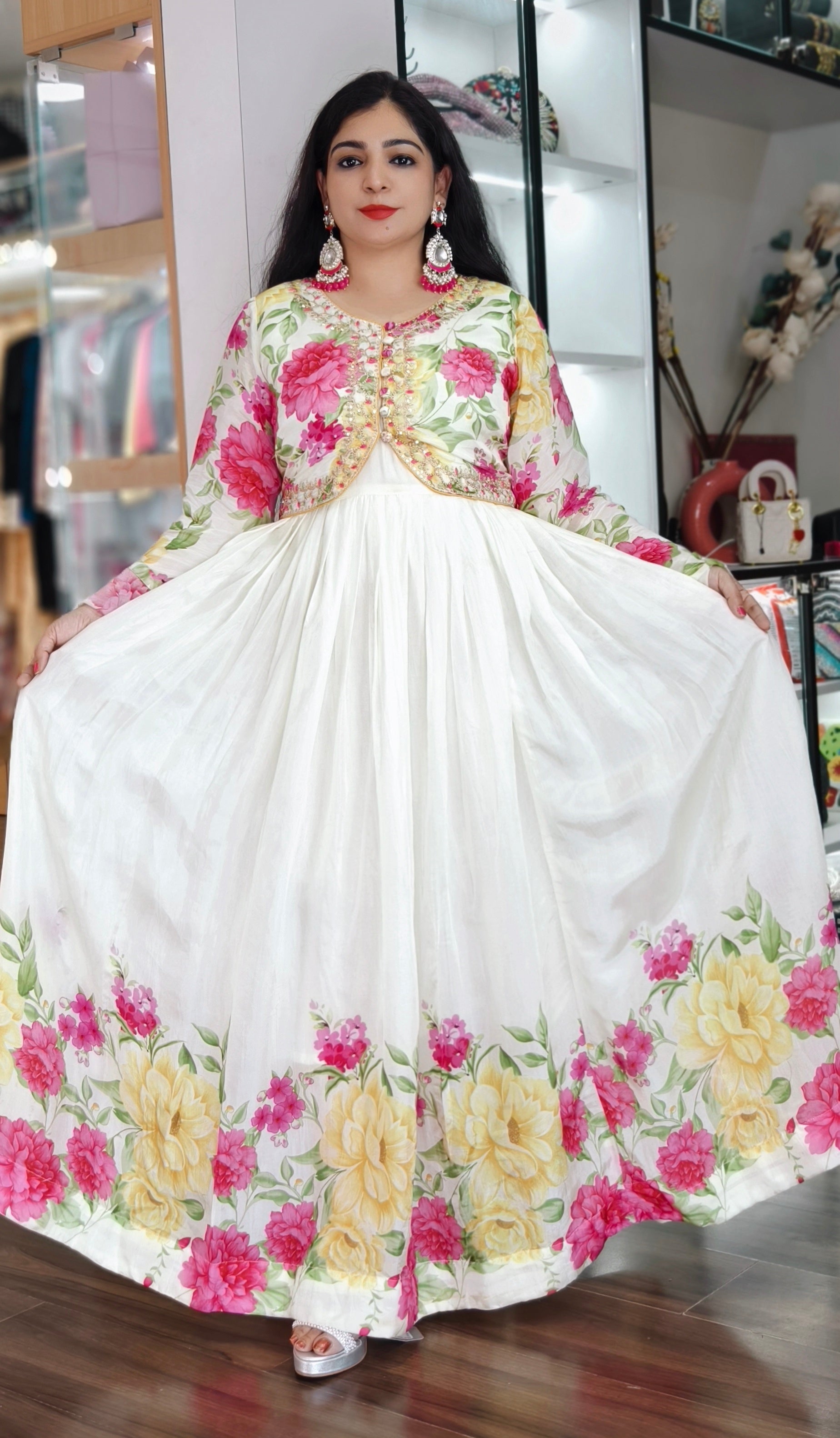 IVORY WHITE AND YELLOW CHINON ANARKALI WITH DUPATTA AND JACKET