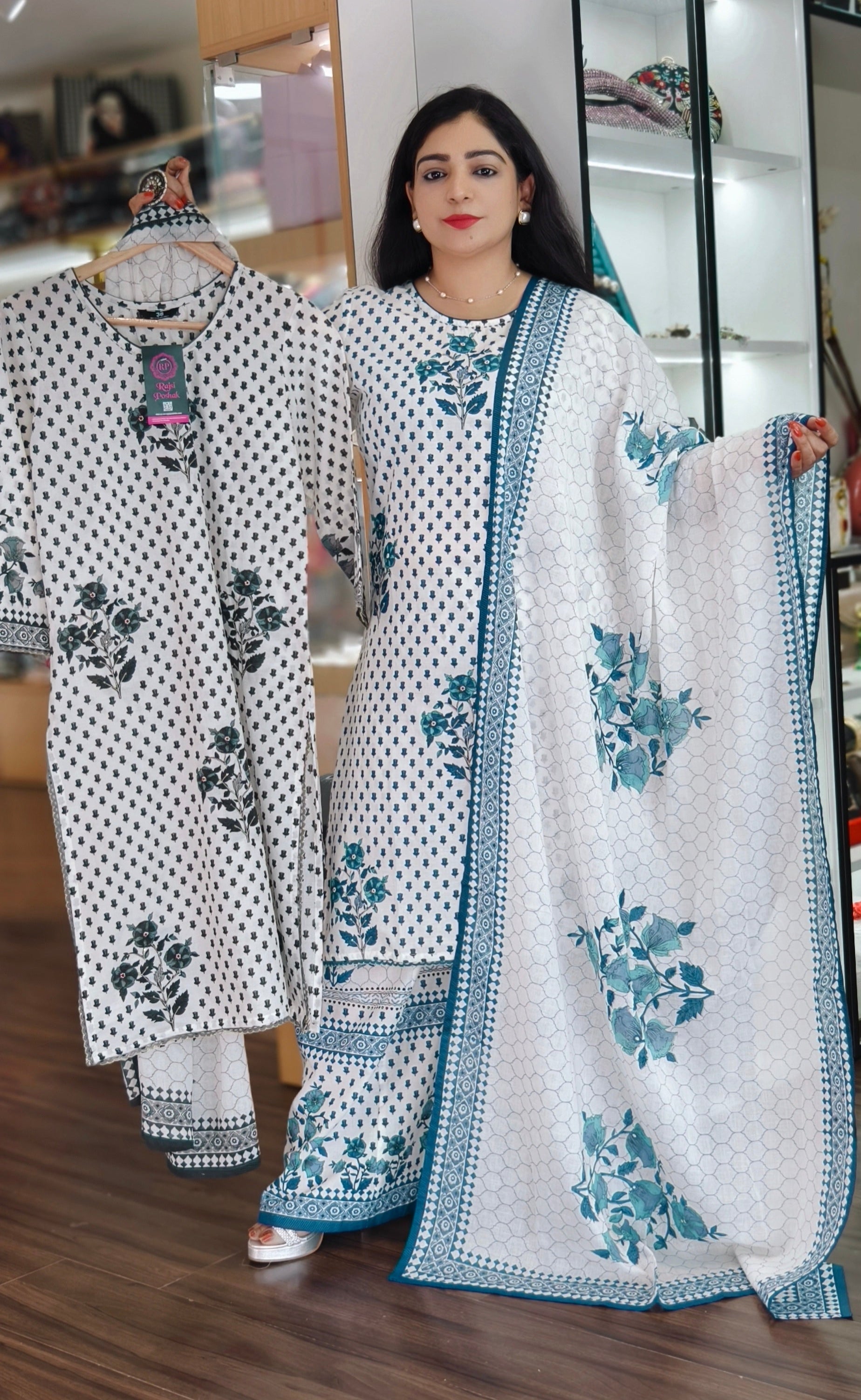 WHITE/BLUE AND WHITE/BLACK PRINTED COTTON SUIT WITH PLAZO PANT