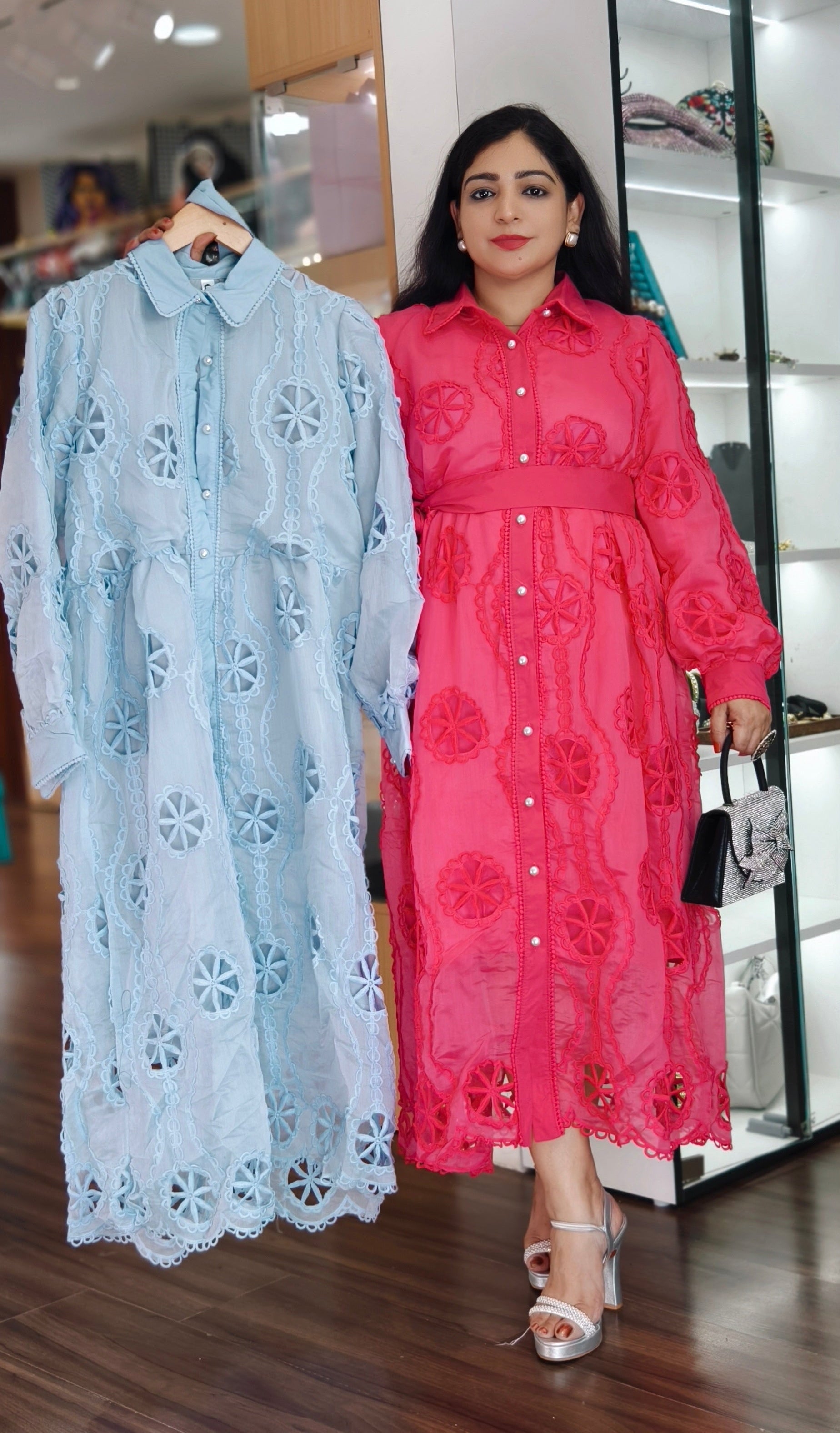 PINK AND FIROZI VERY SOFT ORGANJA PREMIUM FABRIC ONE PC DRESS