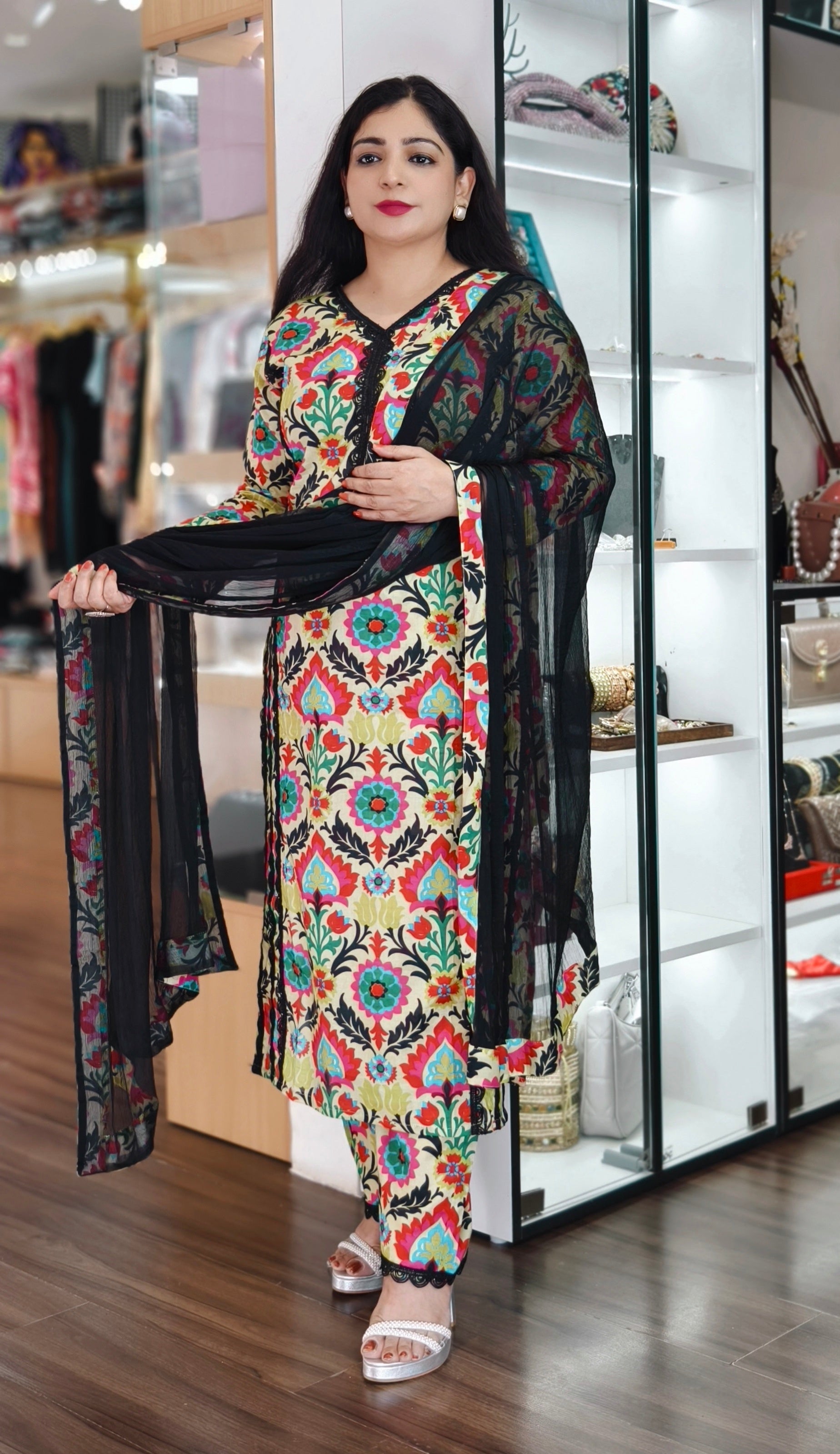 YELLOW/BLACK IKAT PRINT COTTON SUIT WITH DISIGNER PANT