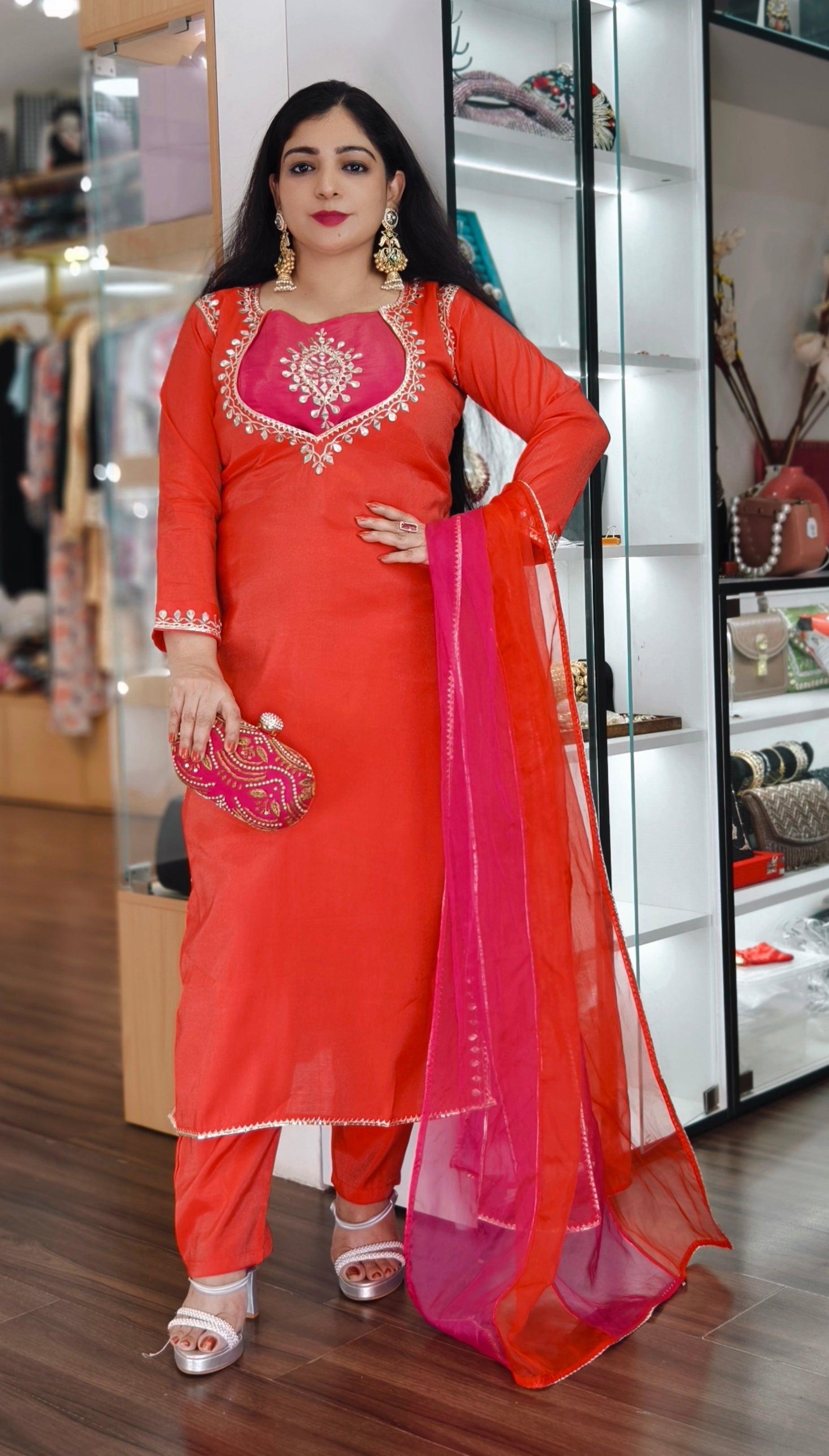ORANGE SIMAR TISSUE SUIT WITH DUPATTA