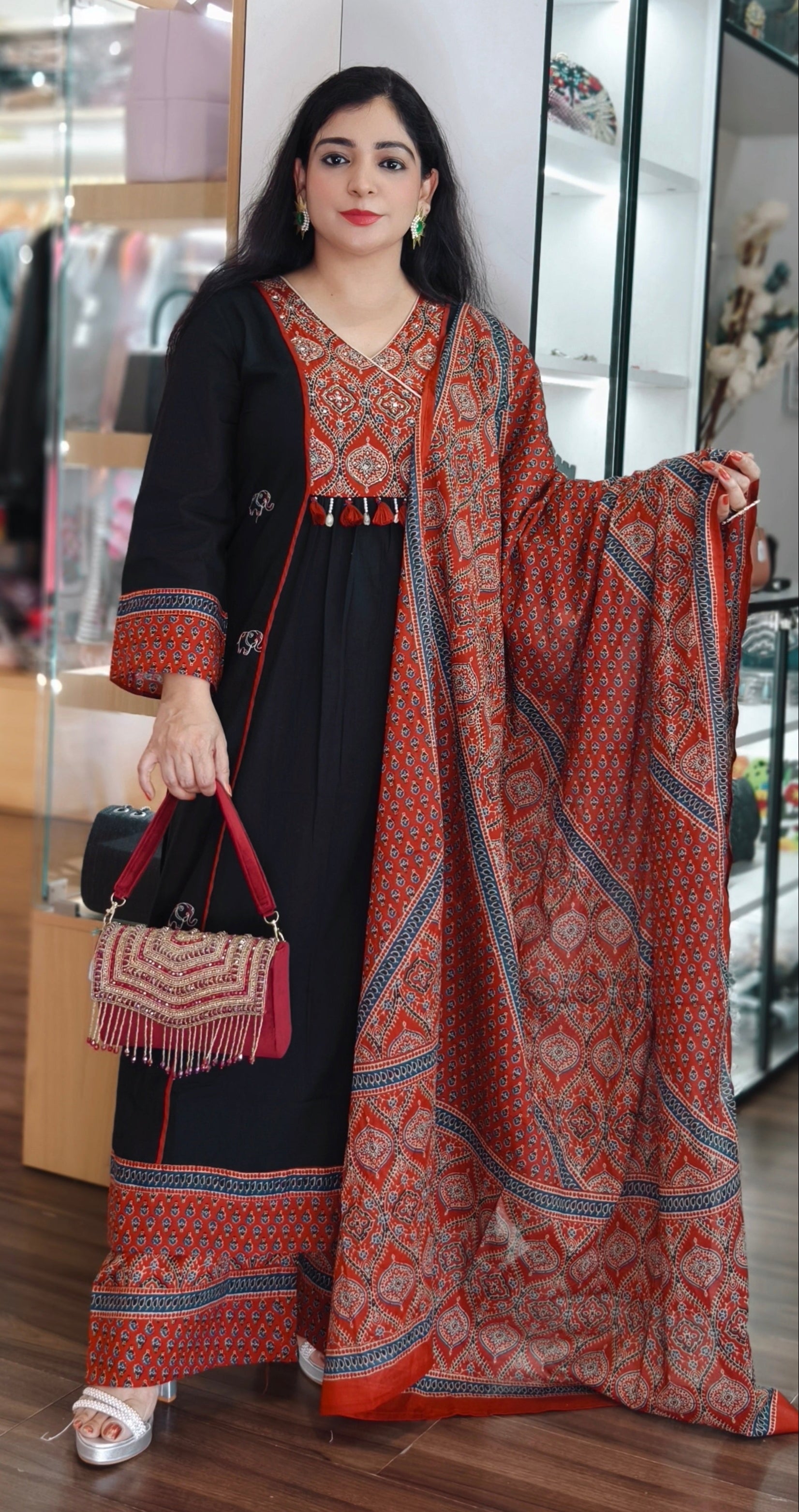 BLACK/MARUN COTTON ANARKALI WITH DUPATTA