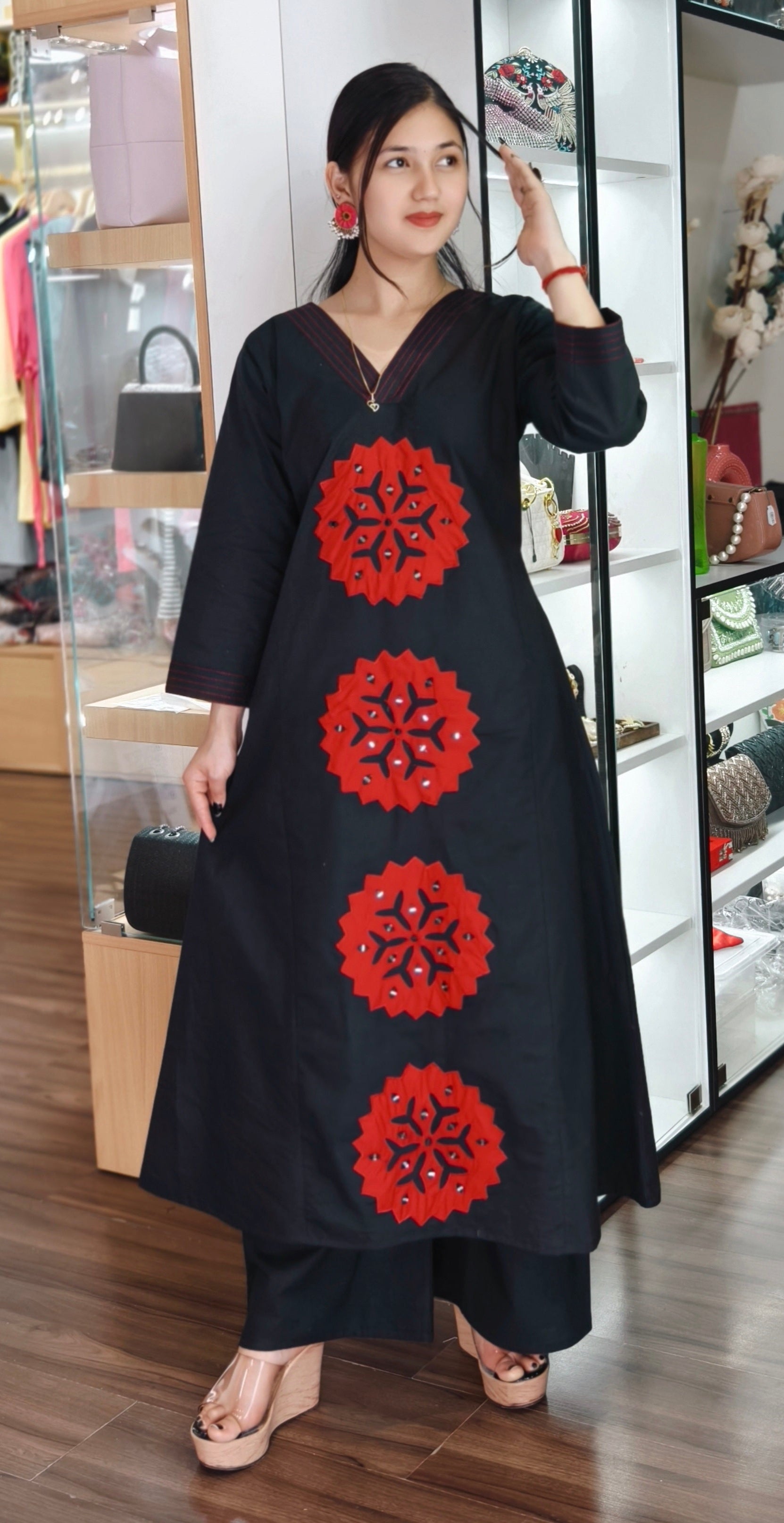 BLACK/MARUN PURE COTTON A LINE ANARKALI