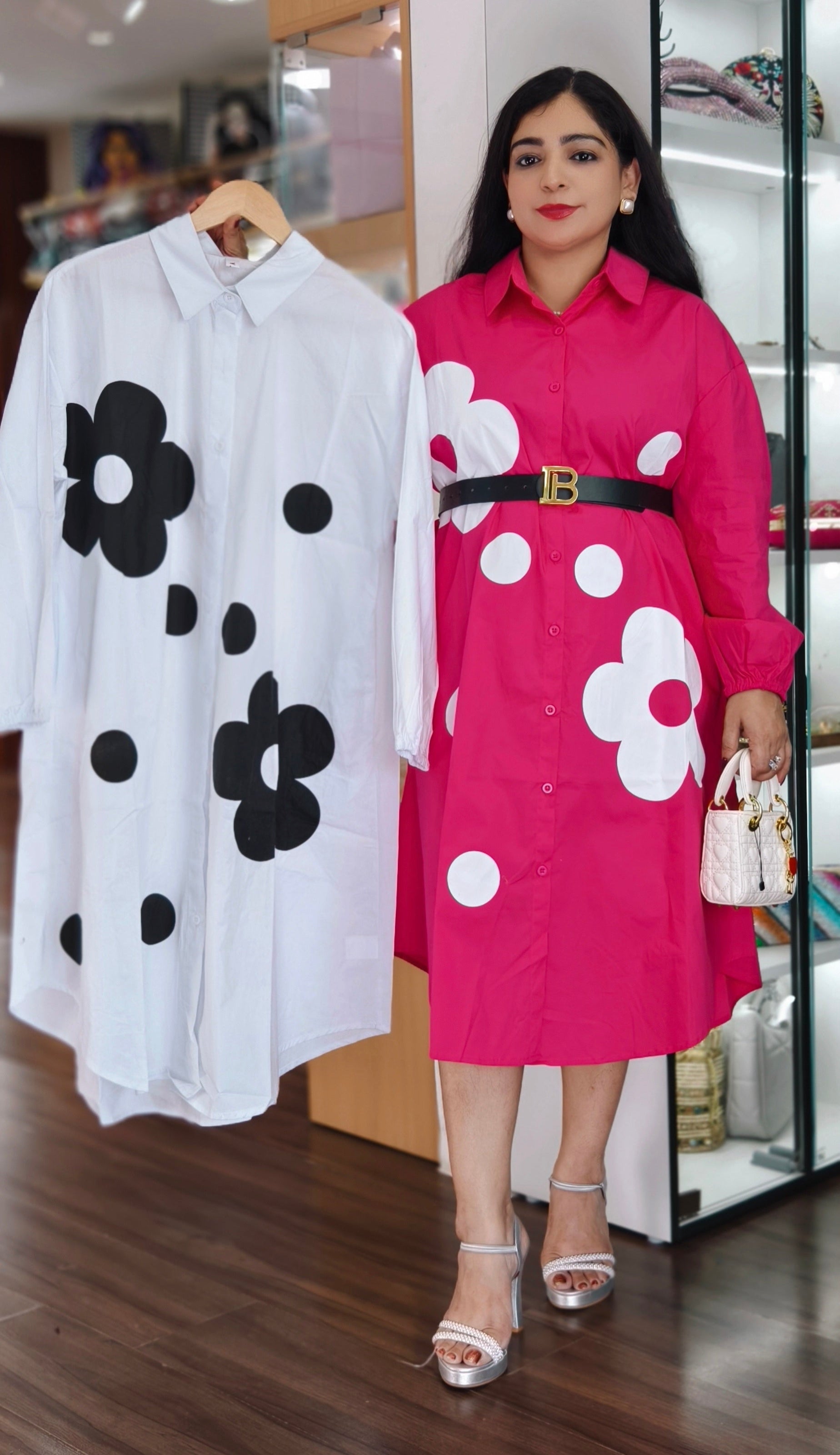 IMPORTED WHITE,BLACK & PINK COTTON FABRIC DRESS WITH FLORAL PRINT BIG SIZE ALSO