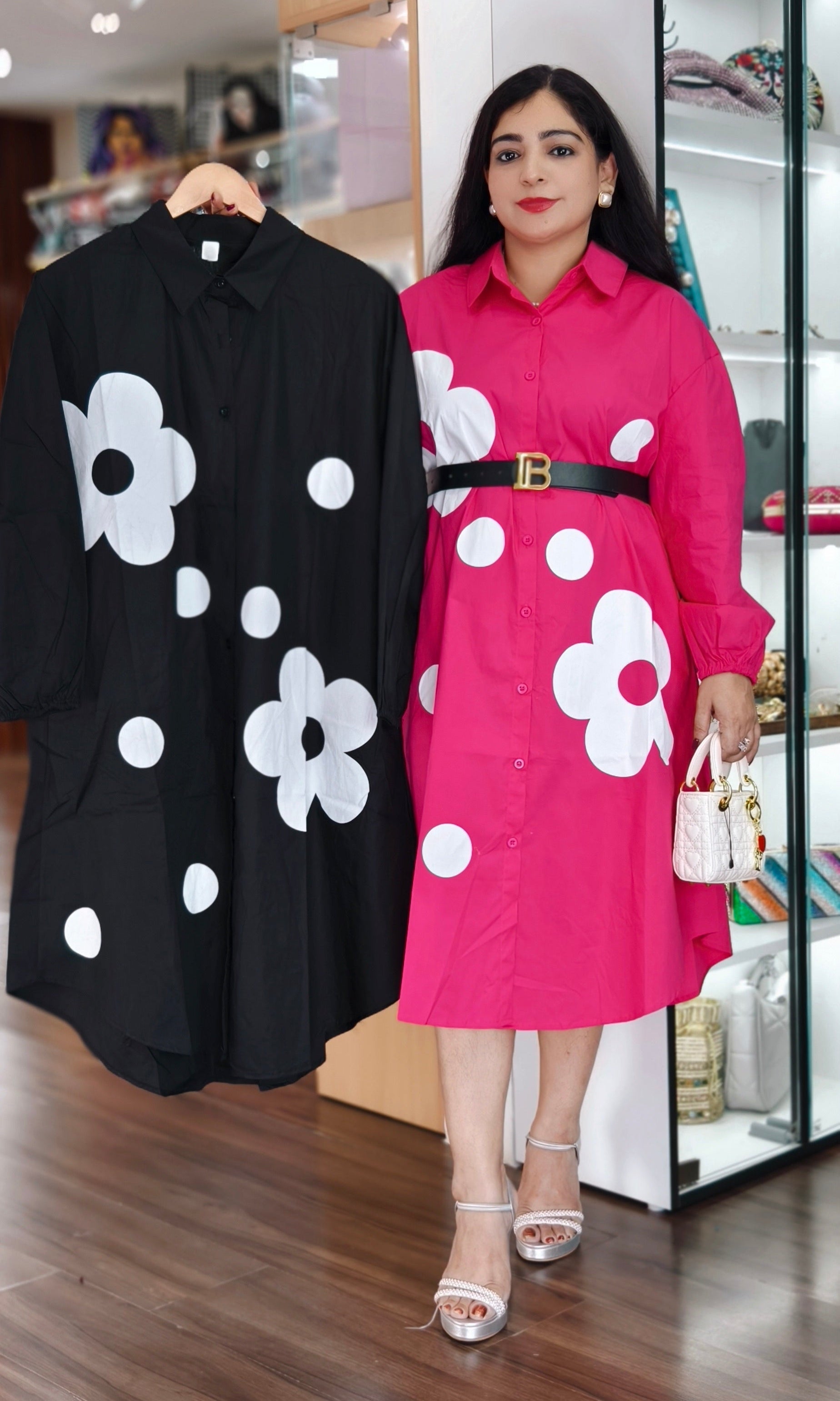 IMPORTED WHITE,BLACK & PINK COTTON FABRIC DRESS WITH FLORAL PRINT BIG SIZE ALSO
