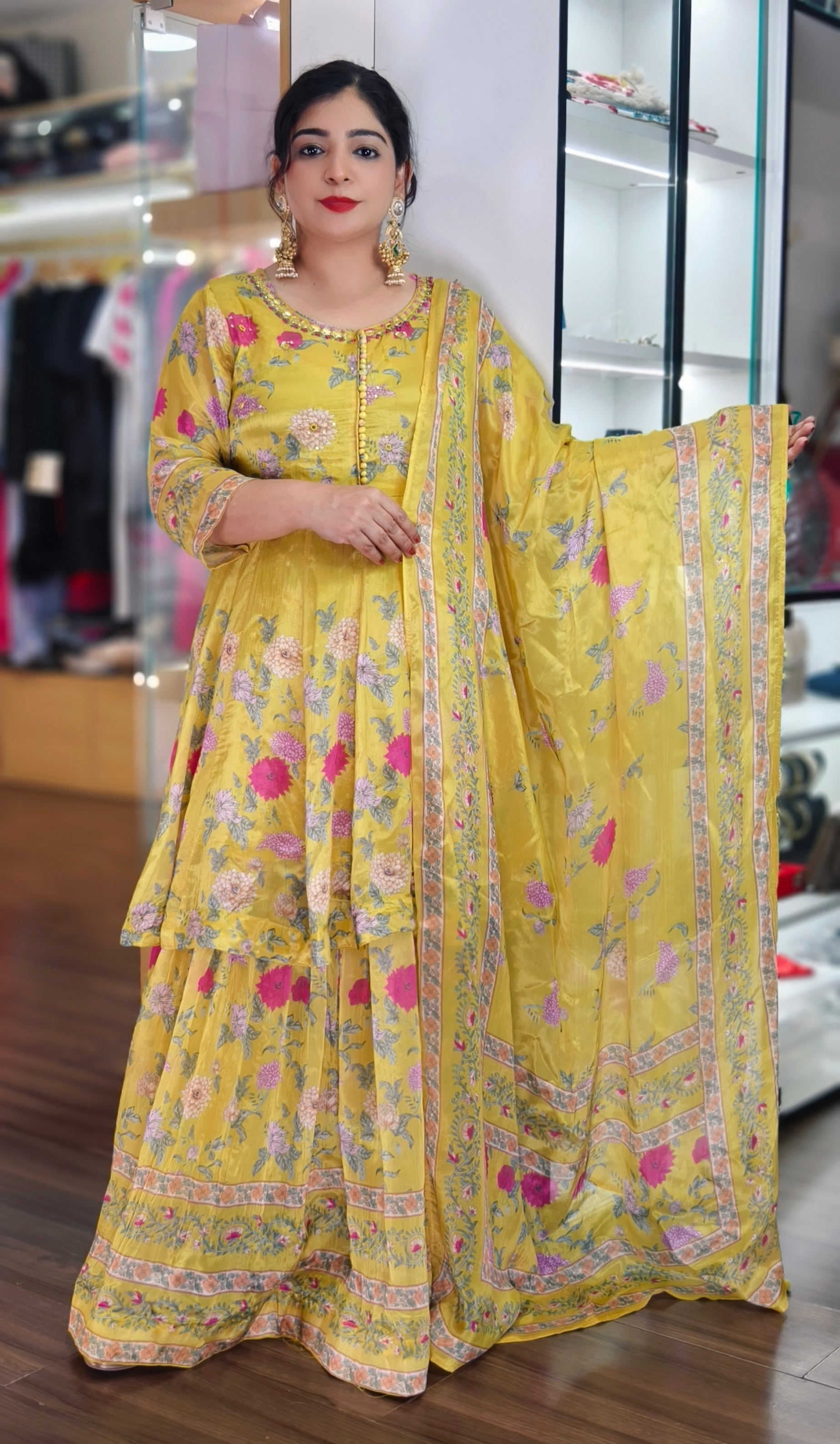 WHITE AND YELLOW PREMIUM CREPE KURTI WITH FLARED SKIRT AND HEAVY DUPATTA