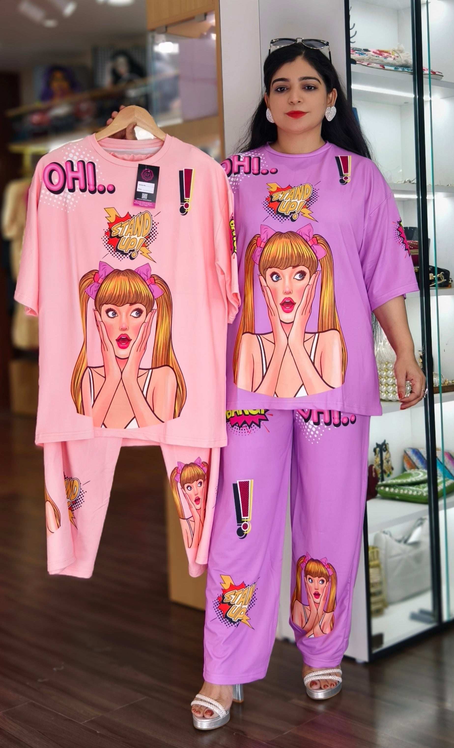 PURPLE,PINK,BROWN & WHITE IMPORTED FABRIC COORDSET WITH PANT