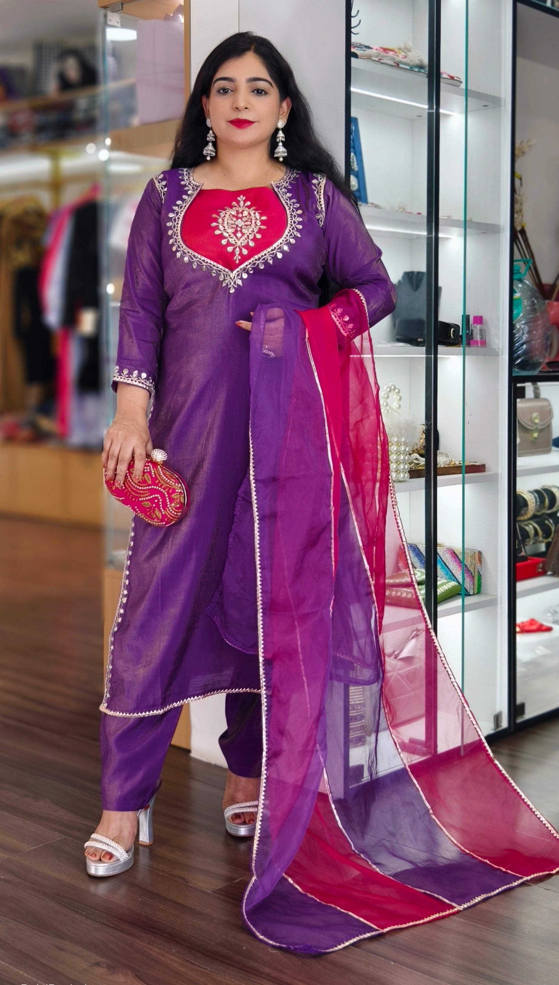 PURPLE AND YELLOW SIMAR TISSUE SUIT WITH DUPATTA