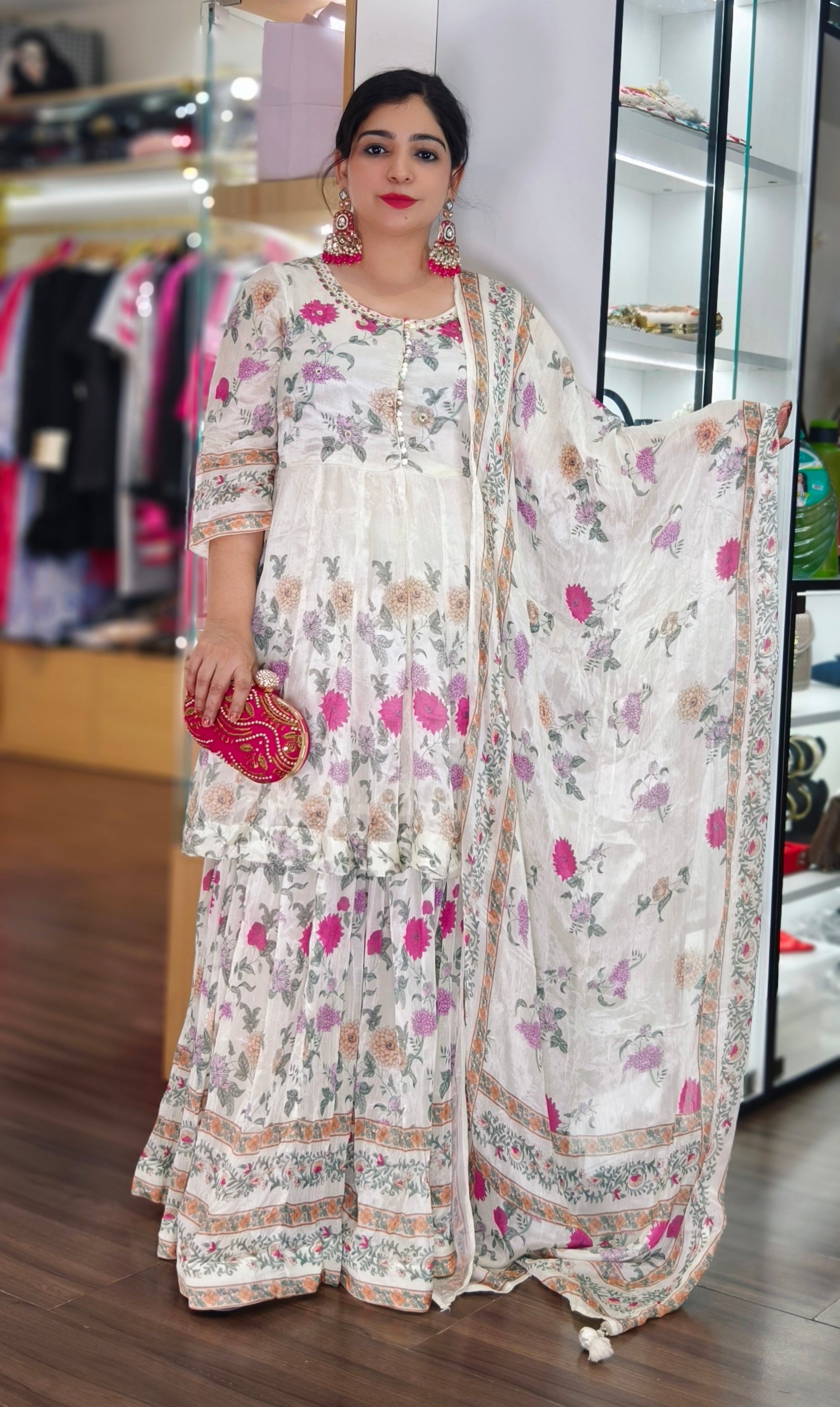 WHITE AND YELLOW PREMIUM CREPE KURTI WITH FLARED SKIRT AND HEAVY DUPATTA