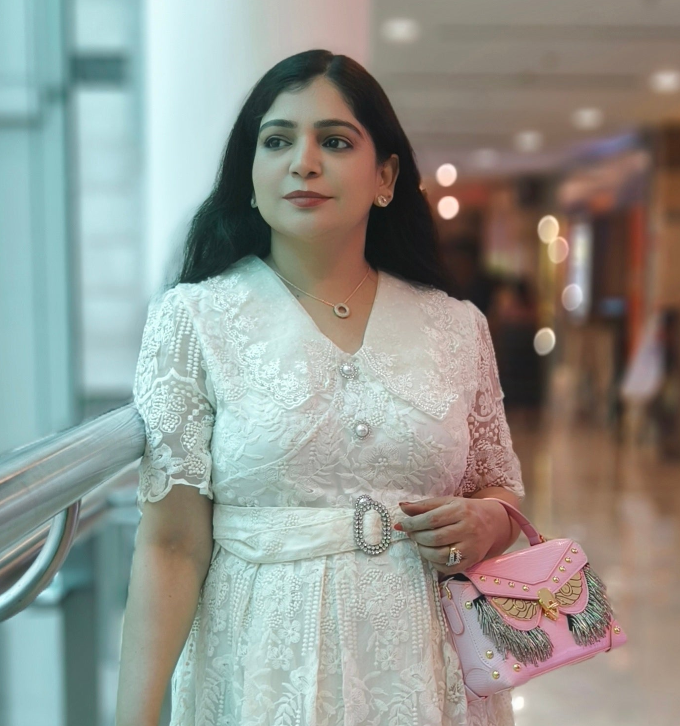 WHITE AND PINK IMPORTED FABRIC ONE PC DRESS WITH BELT