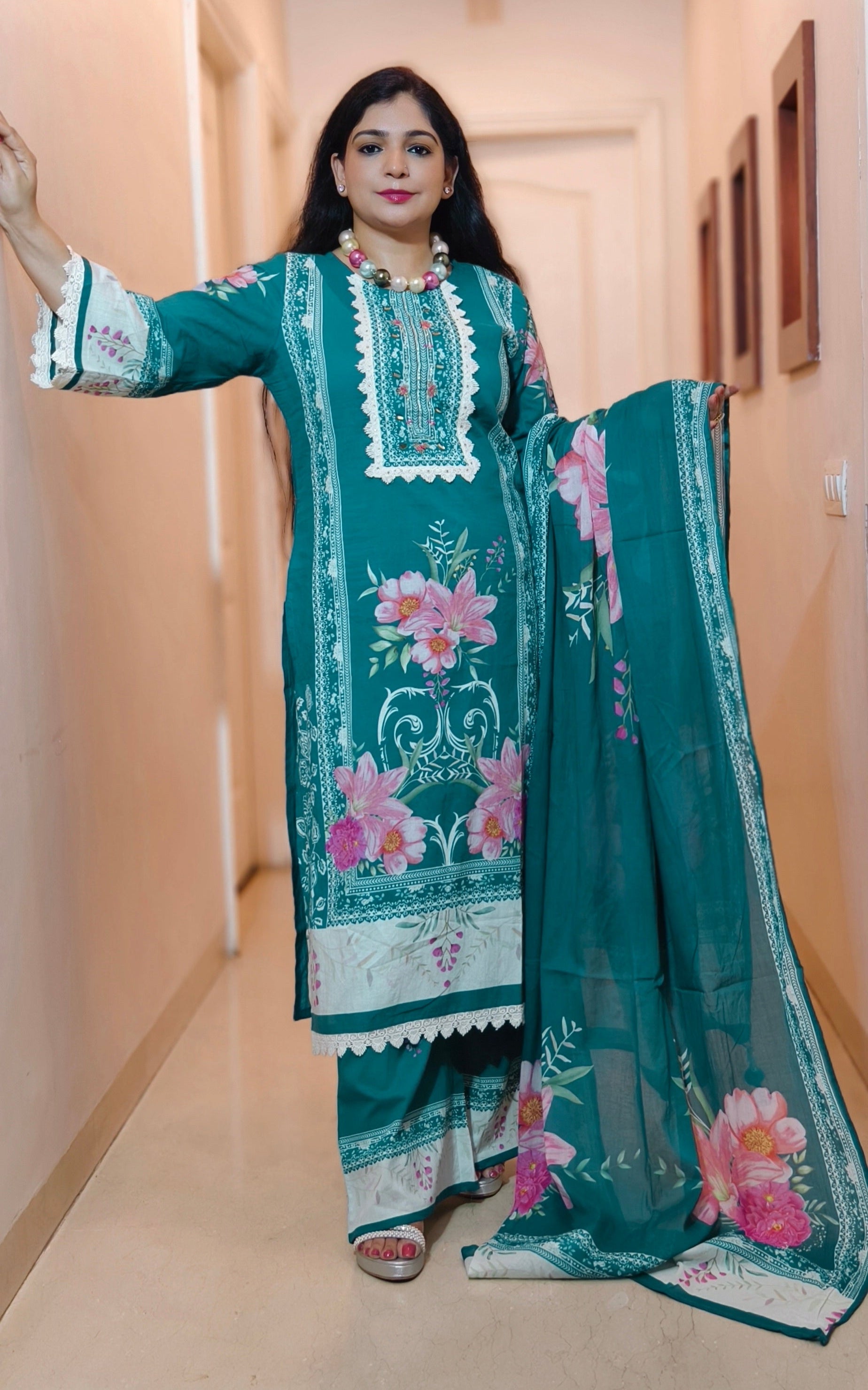 PINK AND RAMA BLUE PREMIUM COTTON SUIT WITH DUPATTA & PLAZO