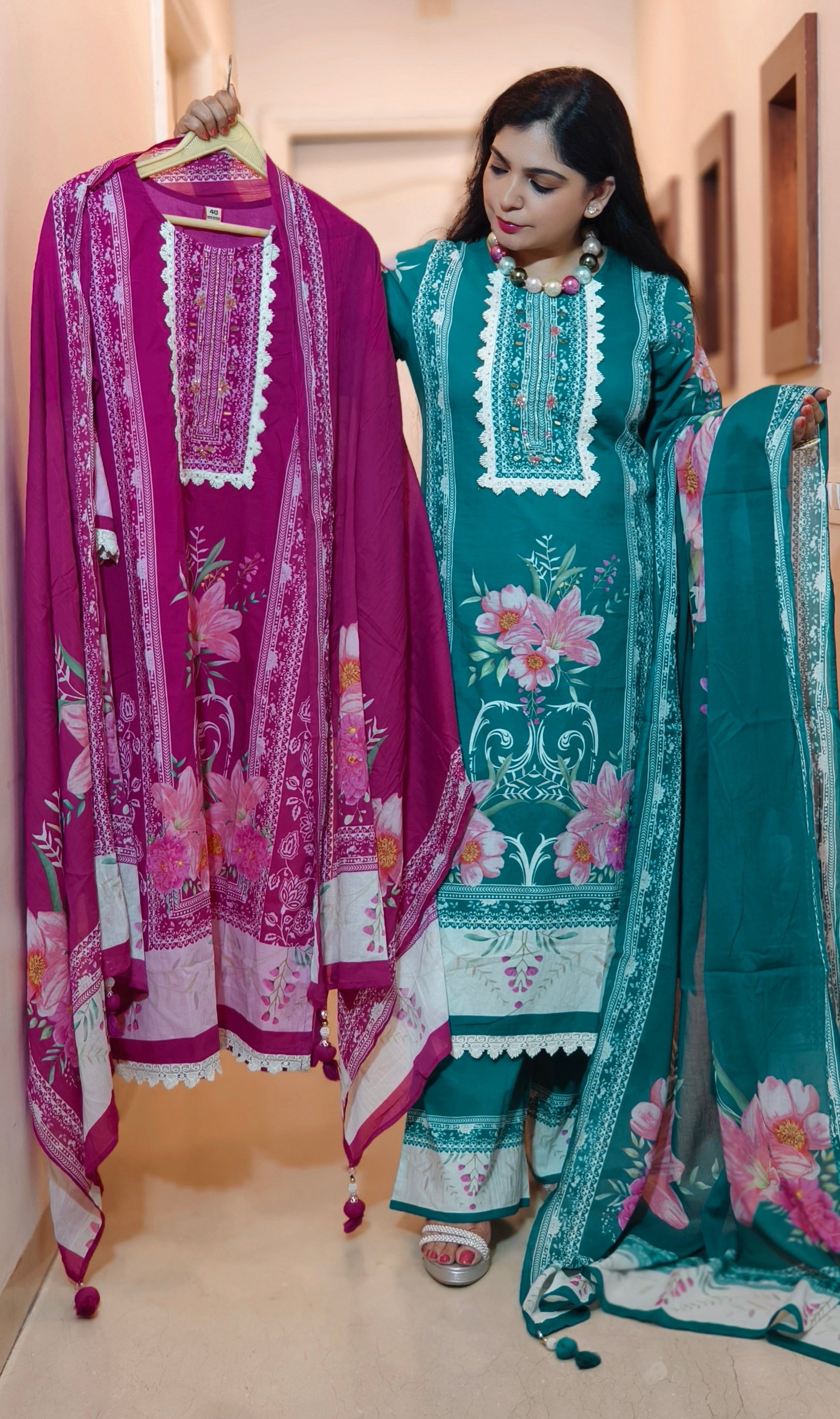 PINK AND RAMA BLUE PREMIUM COTTON SUIT WITH DUPATTA & PLAZO