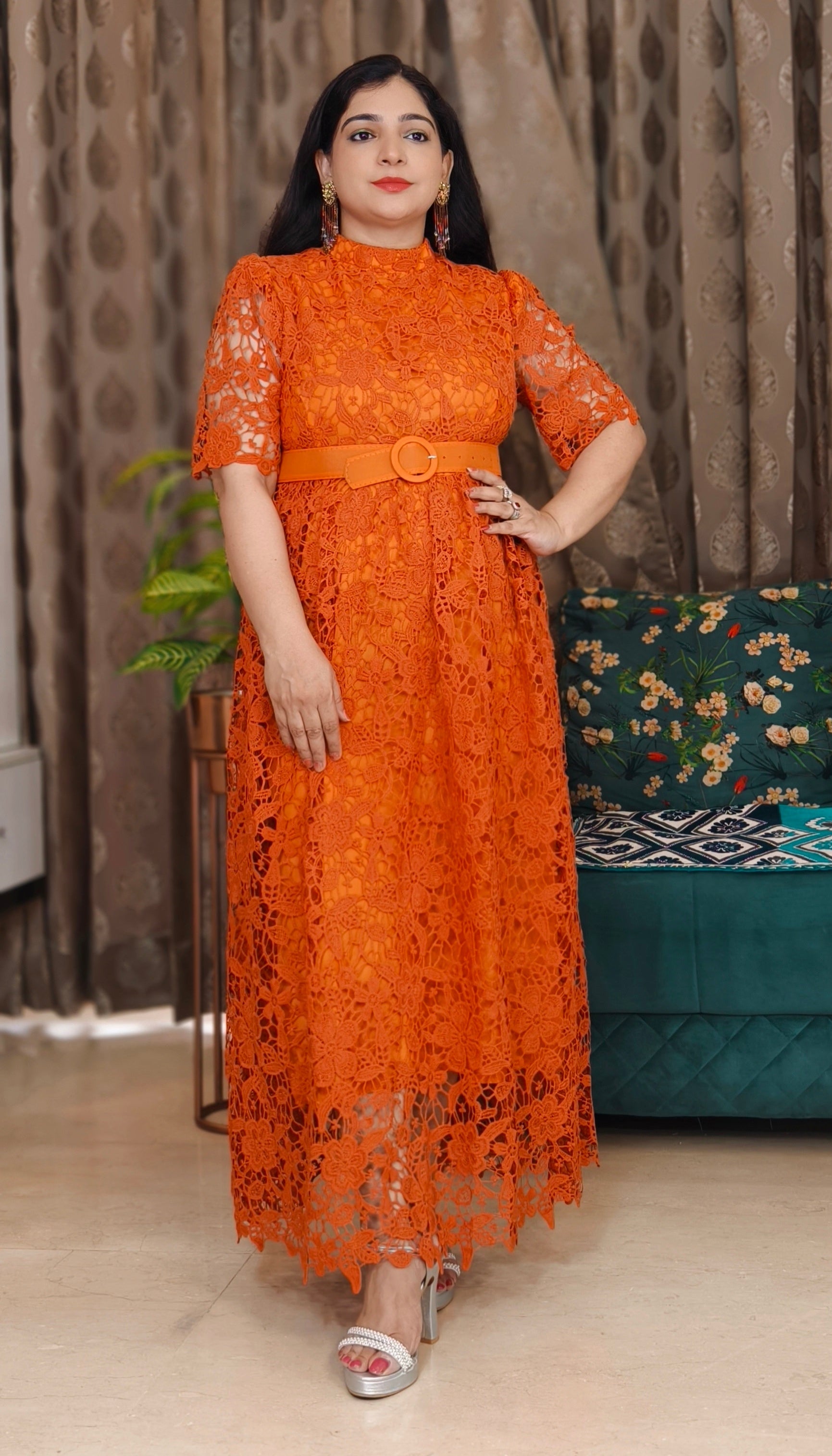 ORANGE AND GREEN IMPORTED FABRIC ONE PC DRESS WITH BELT