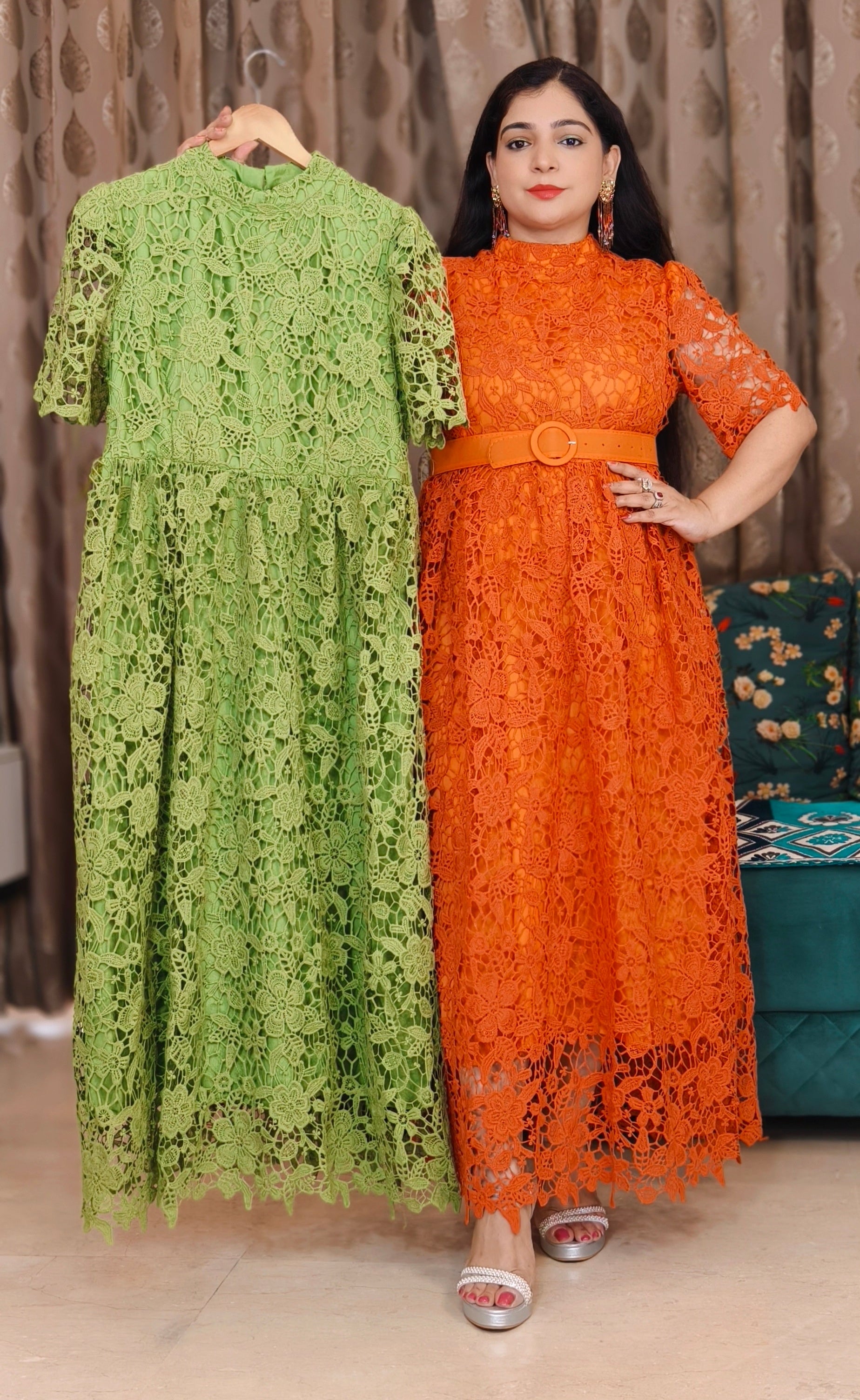 ORANGE AND GREEN IMPORTED FABRIC ONE PC DRESS WITH BELT