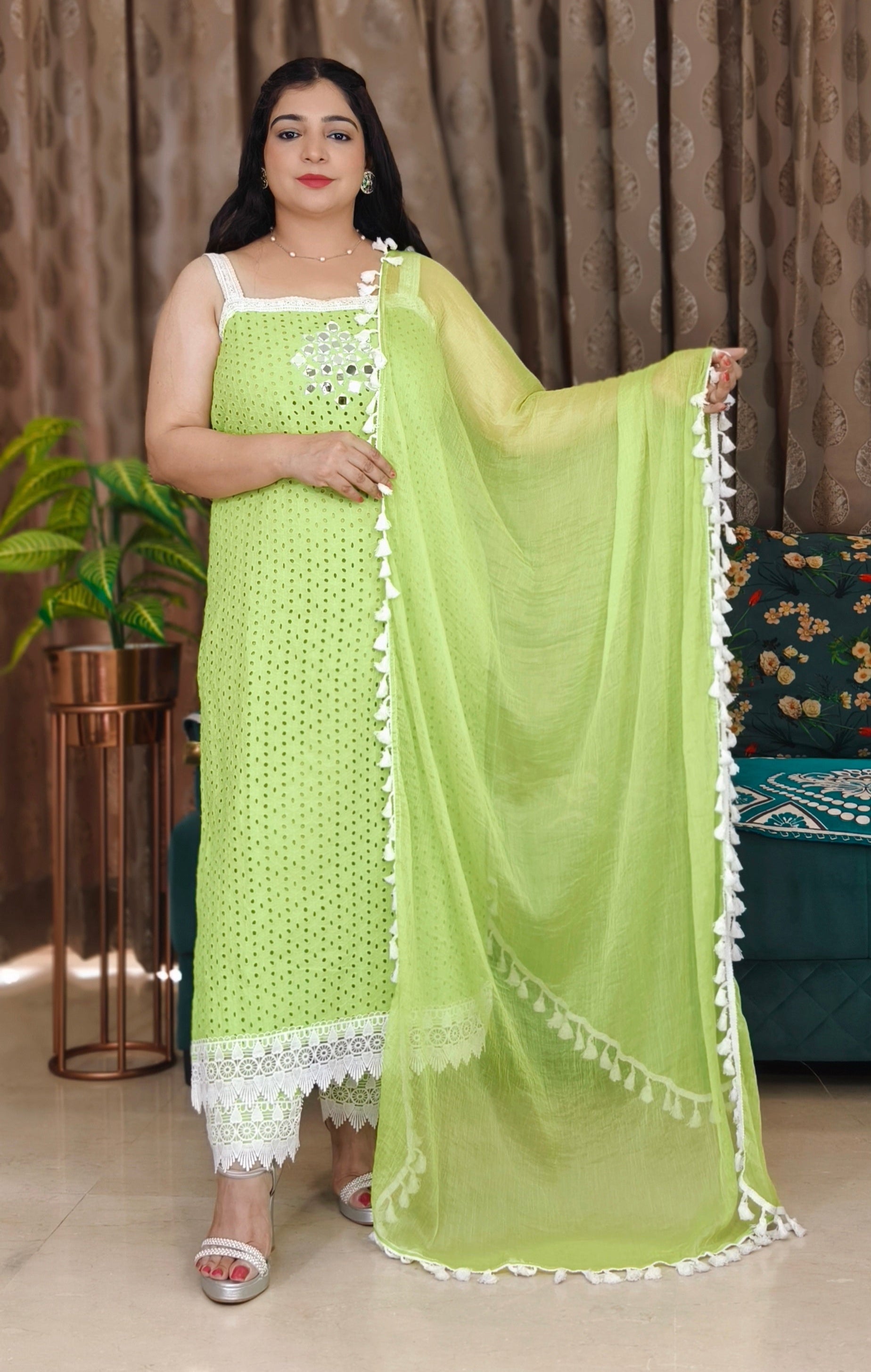 PURPLE AND GREEN SHIFALI COTTON SLEEVELESS SUIT WITH MIRROR