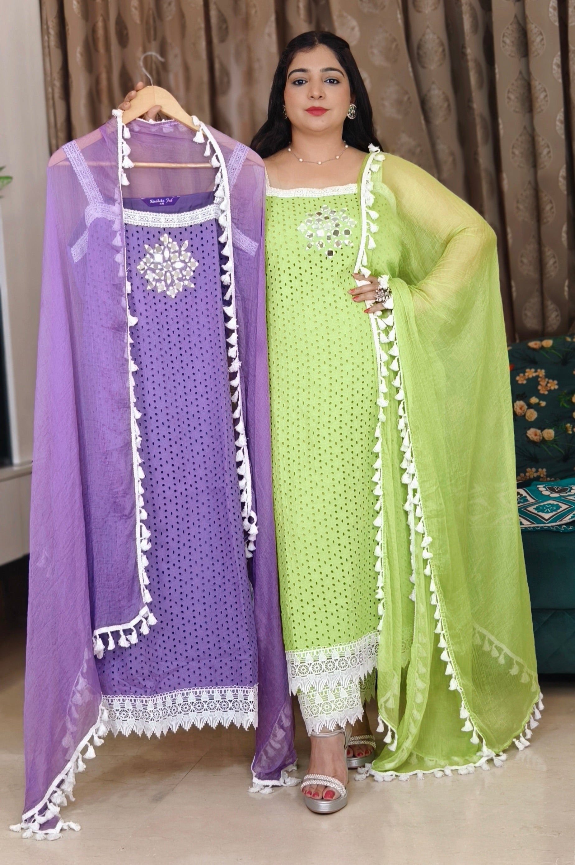 PURPLE AND GREEN SHIFALI COTTON SLEEVELESS SUIT WITH MIRROR