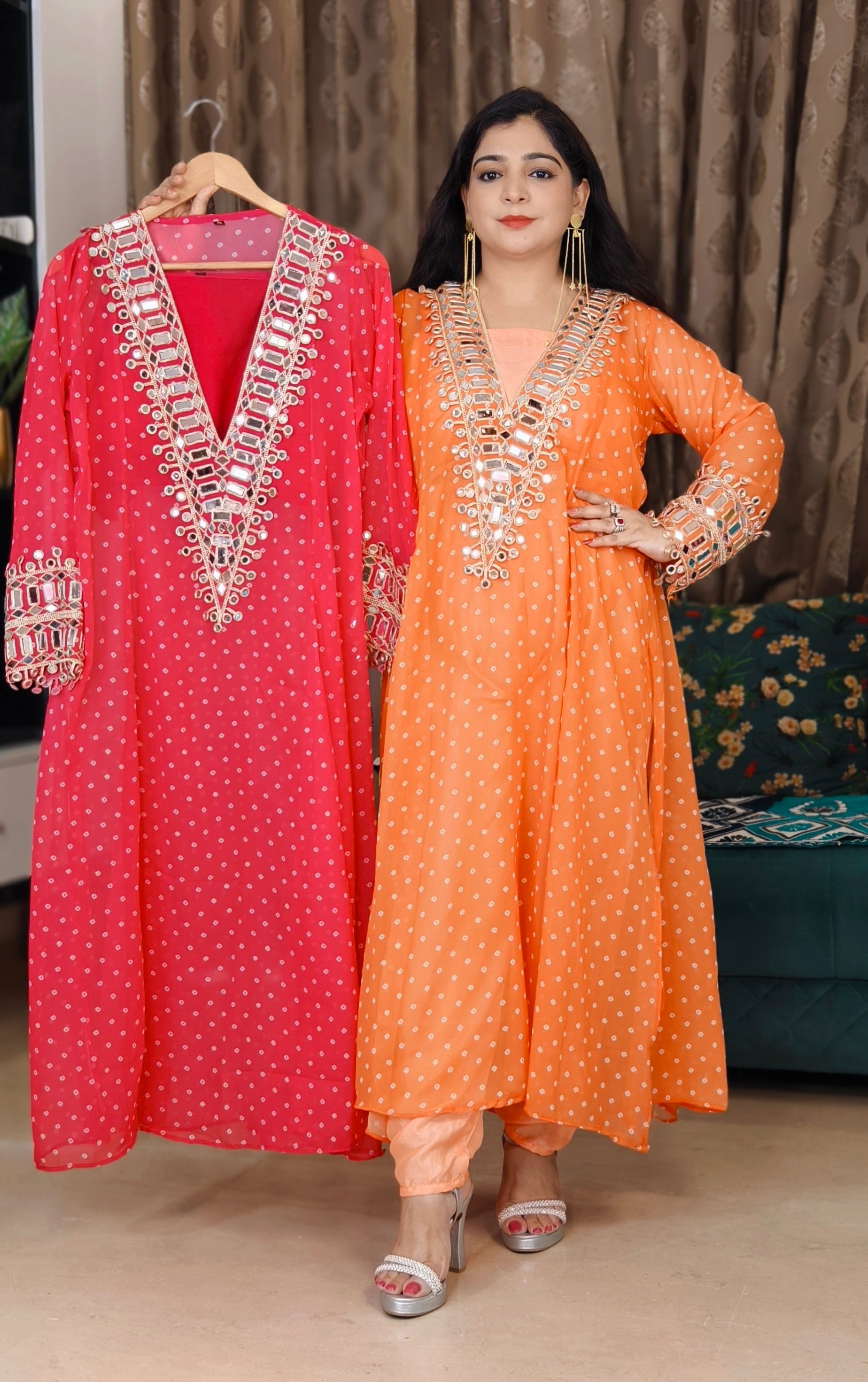 ORANGE,PINK,WINE AND FIROZI GEORGETTE SUIT WITH DUPATTA SEPARATE BUSTIER