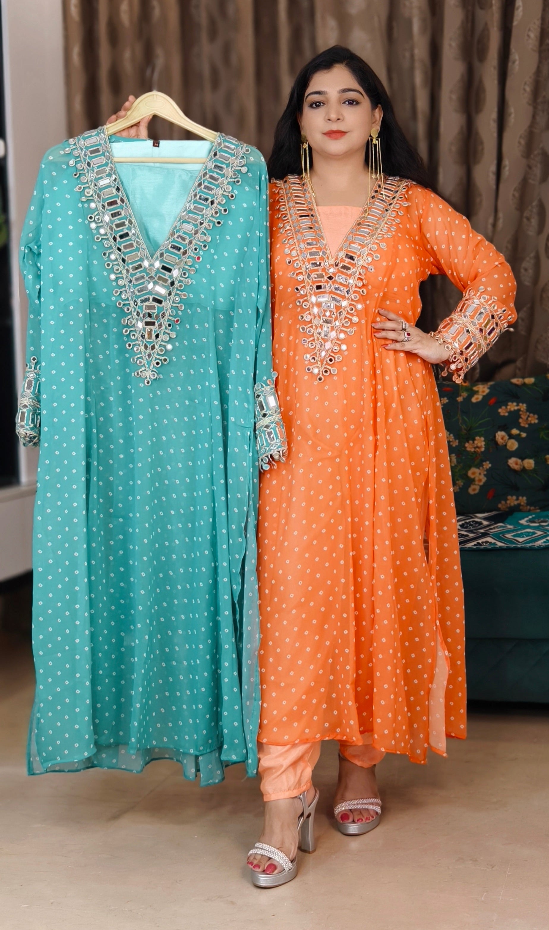 ORANGE,PINK,WINE AND FIROZI GEORGETTE SUIT WITH DUPATTA SEPARATE BUSTIER