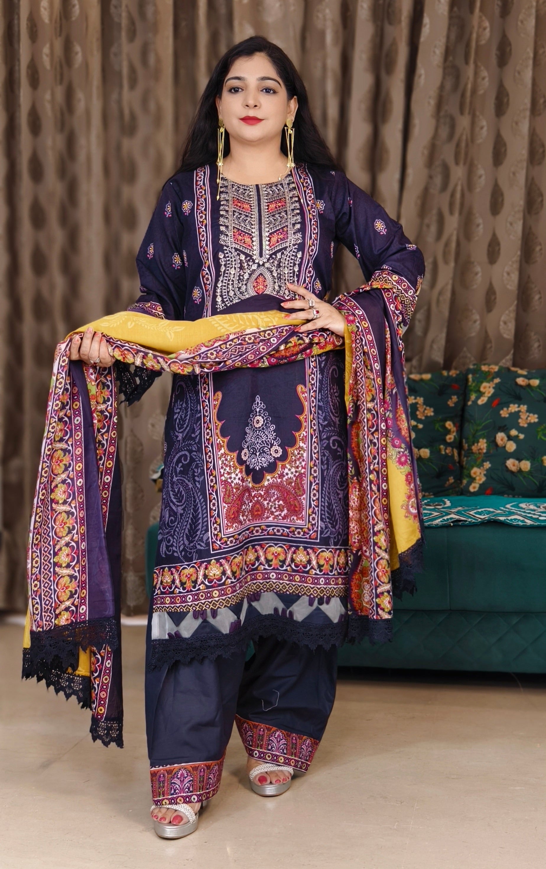 PURPLE AND RUST PRINTED LAWN COTTON SUIT WITH CONTRAST DUPATTA AND FARSI PANT