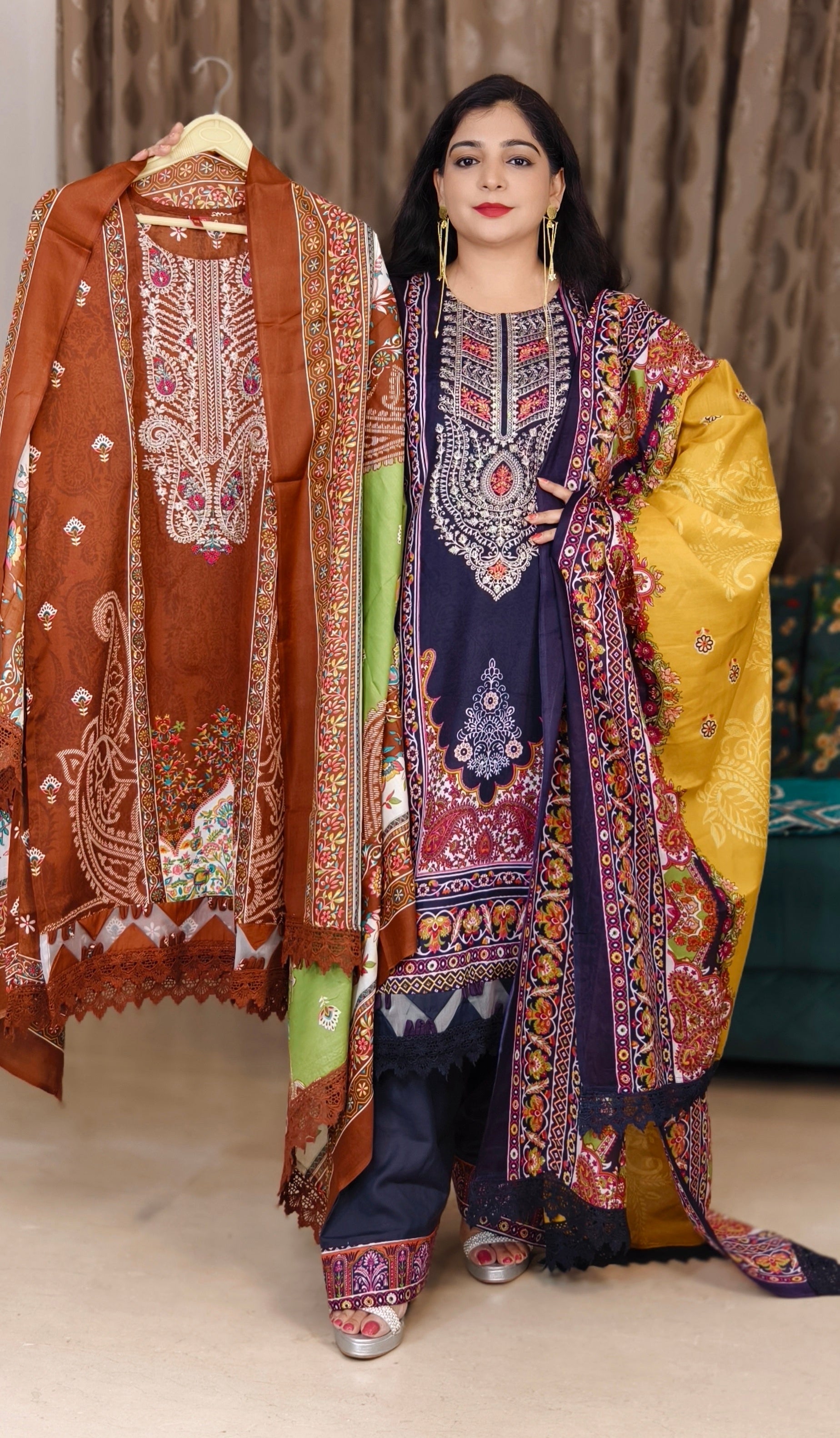 PURPLE AND RUST PRINTED LAWN COTTON SUIT WITH CONTRAST DUPATTA AND FARSI PANT