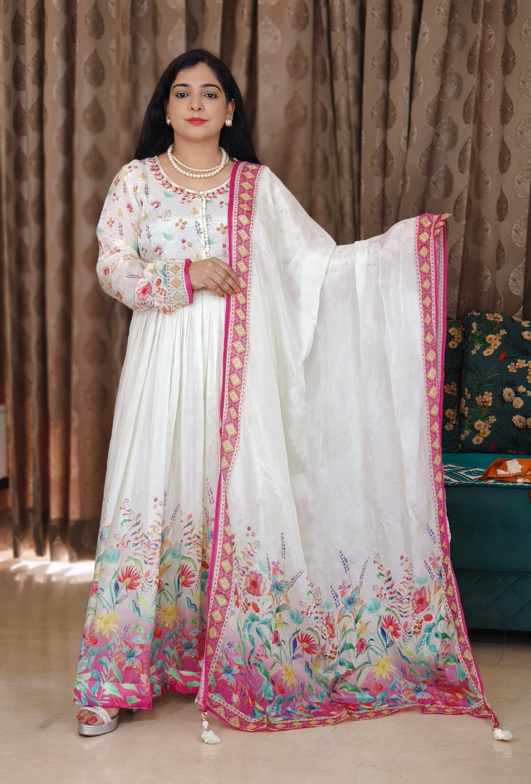 WHITE AND PINK MIX CREPE ANARKALI WITH DUPATTA