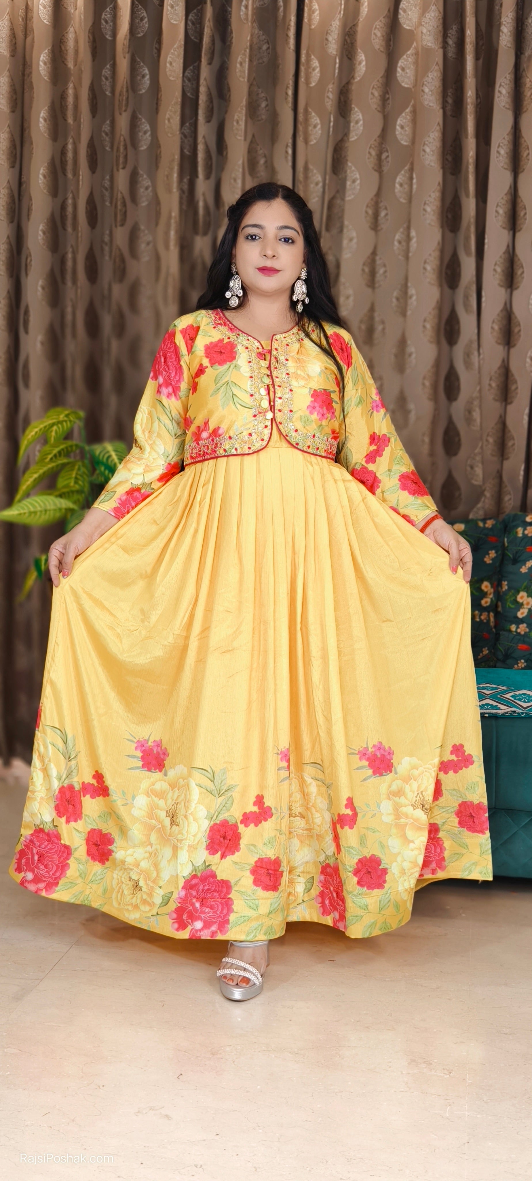 IVORY WHITE AND YELLOW CHINON ANARKALI WITH DUPATTA AND JACKET