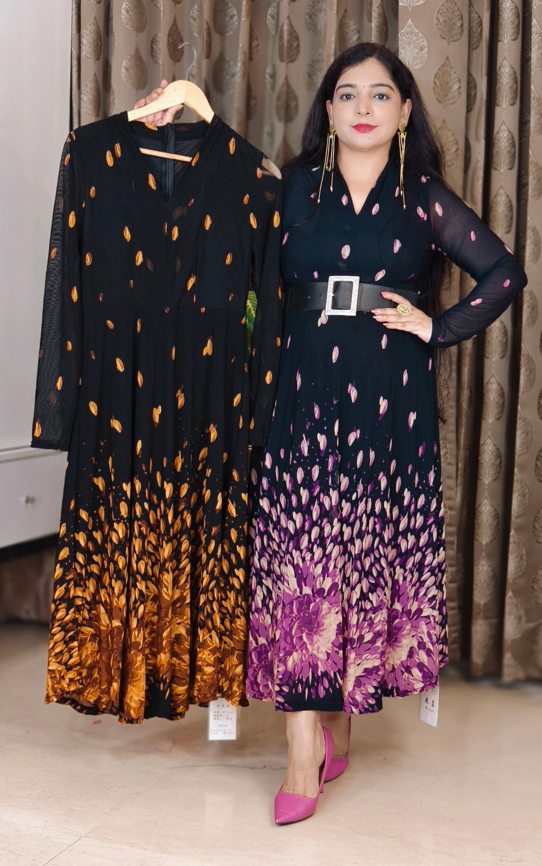 ORANGE/BLACK AND PURPLE/BLACK IMPORTED FABRIC ONE PC DRESS