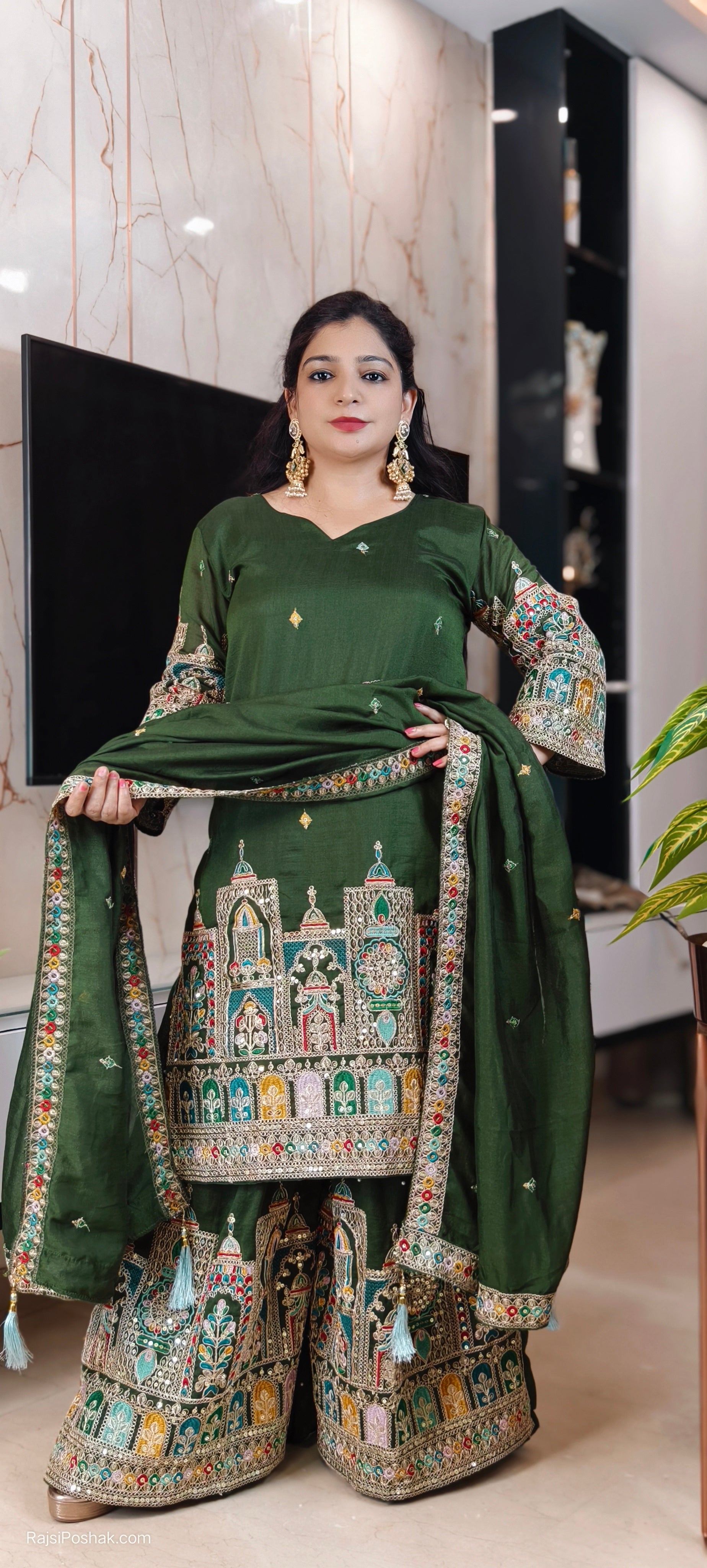 GREEN AND PURPLE CHINON FABRIC SHORT SARARA SUIT WITH DUPATTA