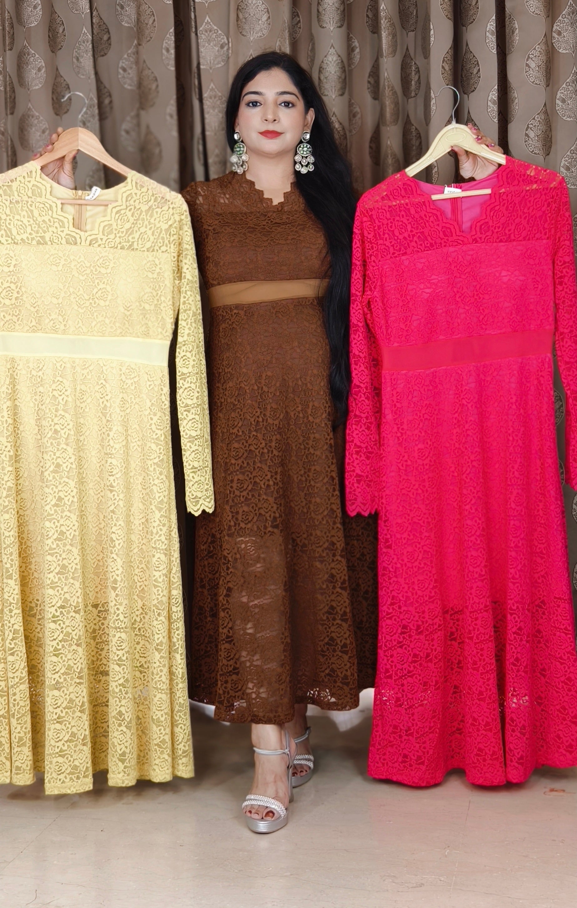 BROWN,NEON GREEN AND PINK IMPORTED FABRIC ONE PC DRESS WITH BELT
