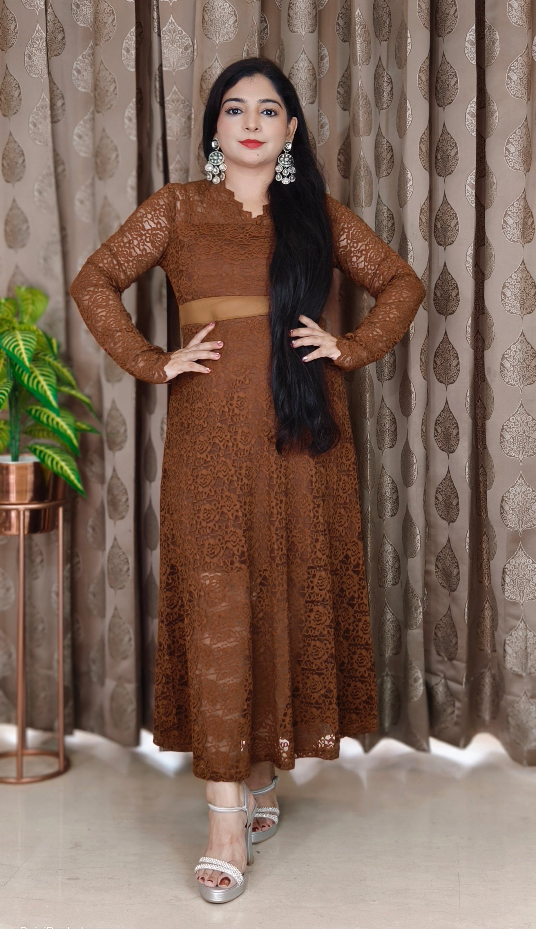BROWN,NEON GREEN AND PINK IMPORTED FABRIC ONE PC DRESS WITH BELT