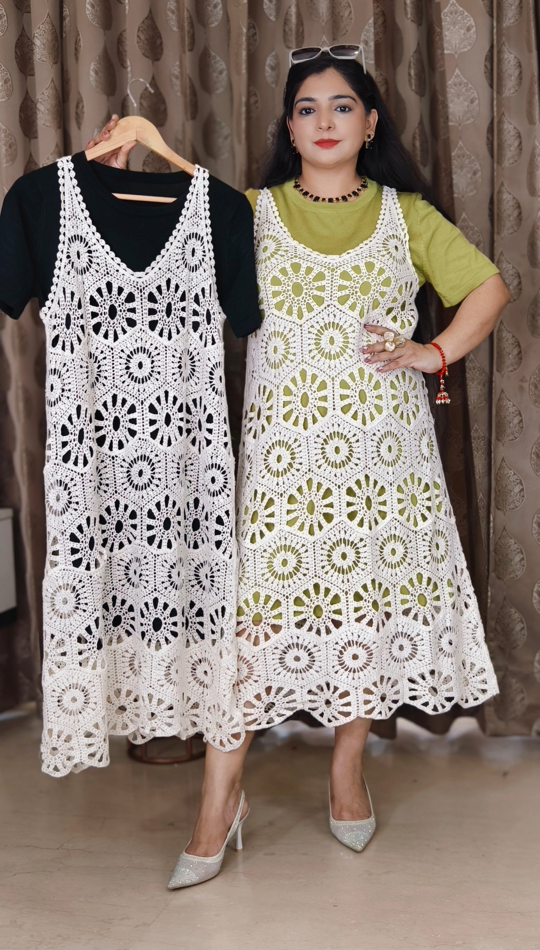 GREEN AND BLACK IMPORTED FABRIC ONE PC DRESS NET CAPE
