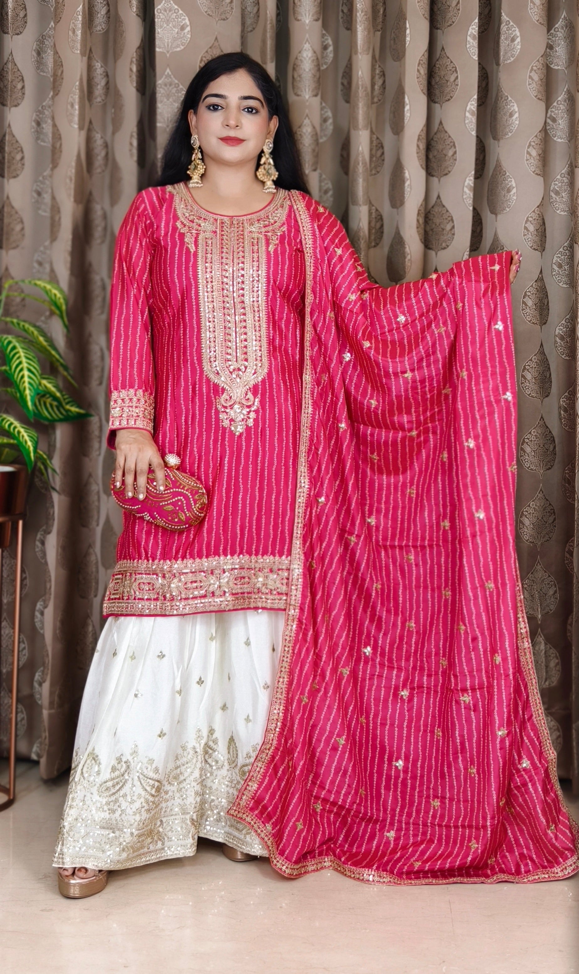 PINK AND FIROZI PURE CREPE SARARA SUIT WITH DESIGNER SARARA