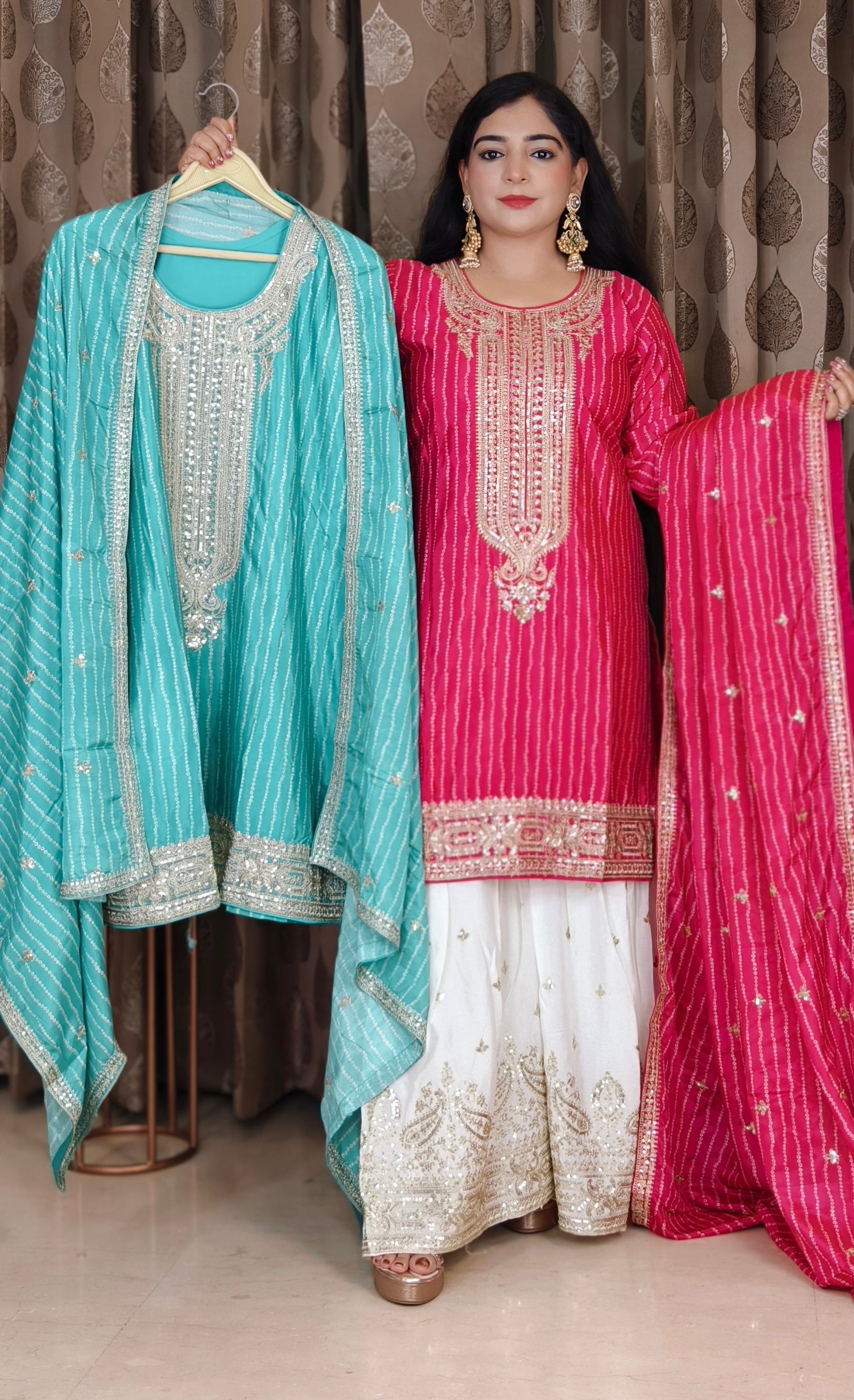 PINK AND FIROZI PURE CREPE SARARA SUIT WITH DESIGNER SARARA