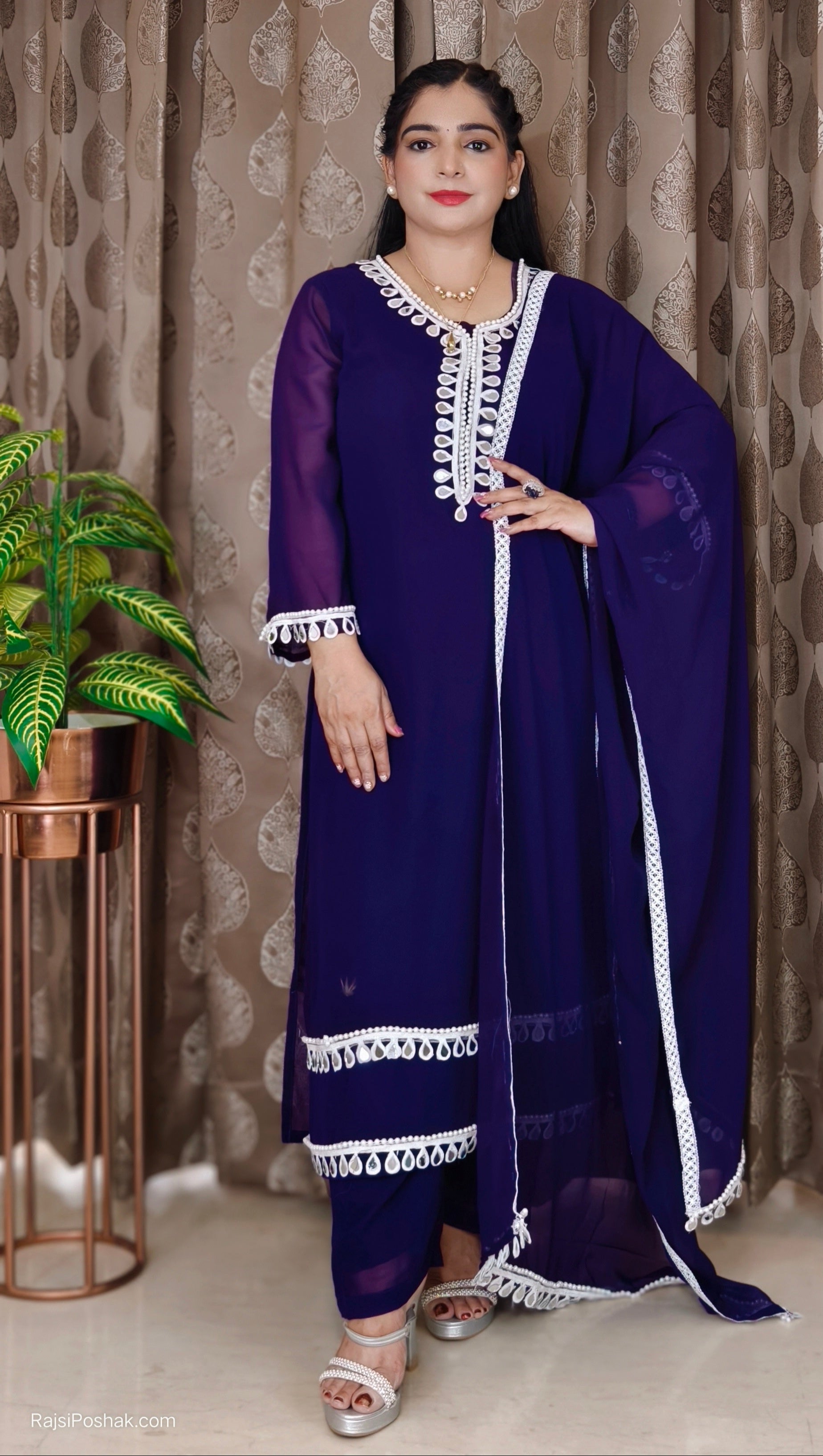 PURPLE,PINK & GREY AUTHENTIC PURE GEORGETTE SUIT WITH REAL MIRROR