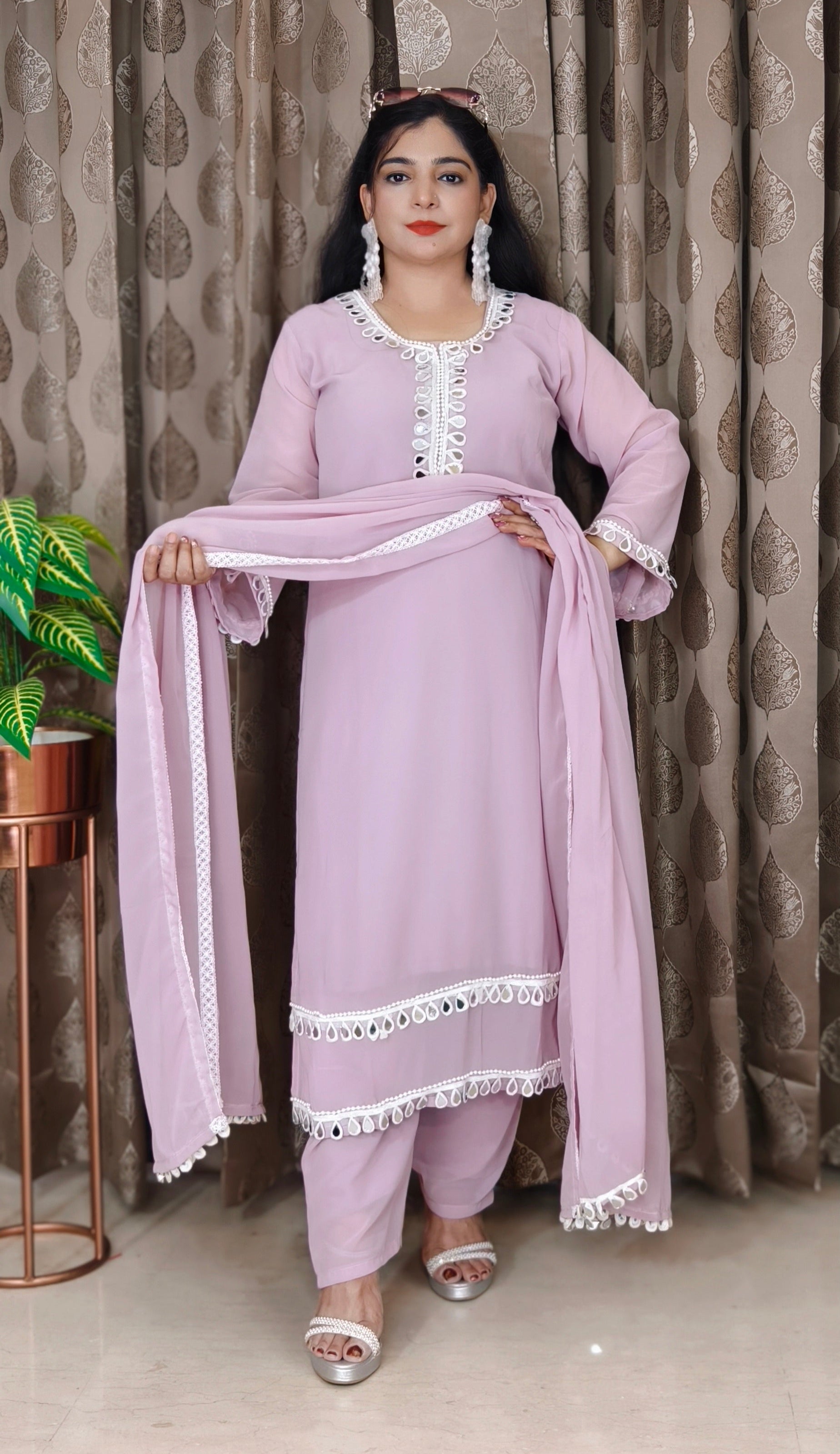 PURPLE,PINK & GREY AUTHENTIC PURE GEORGETTE SUIT WITH REAL MIRROR