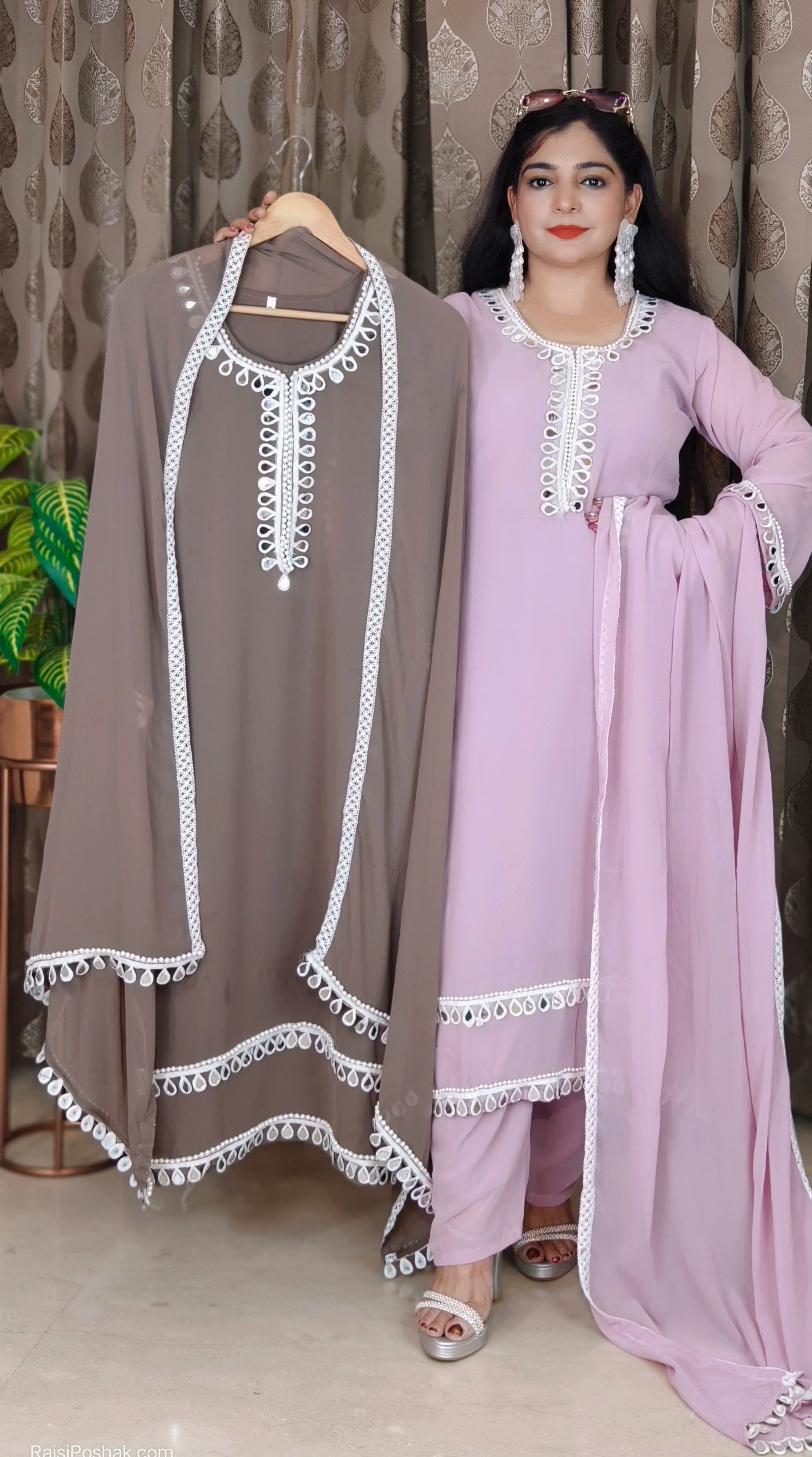 PURPLE,PINK & GREY AUTHENTIC PURE GEORGETTE SUIT WITH REAL MIRROR