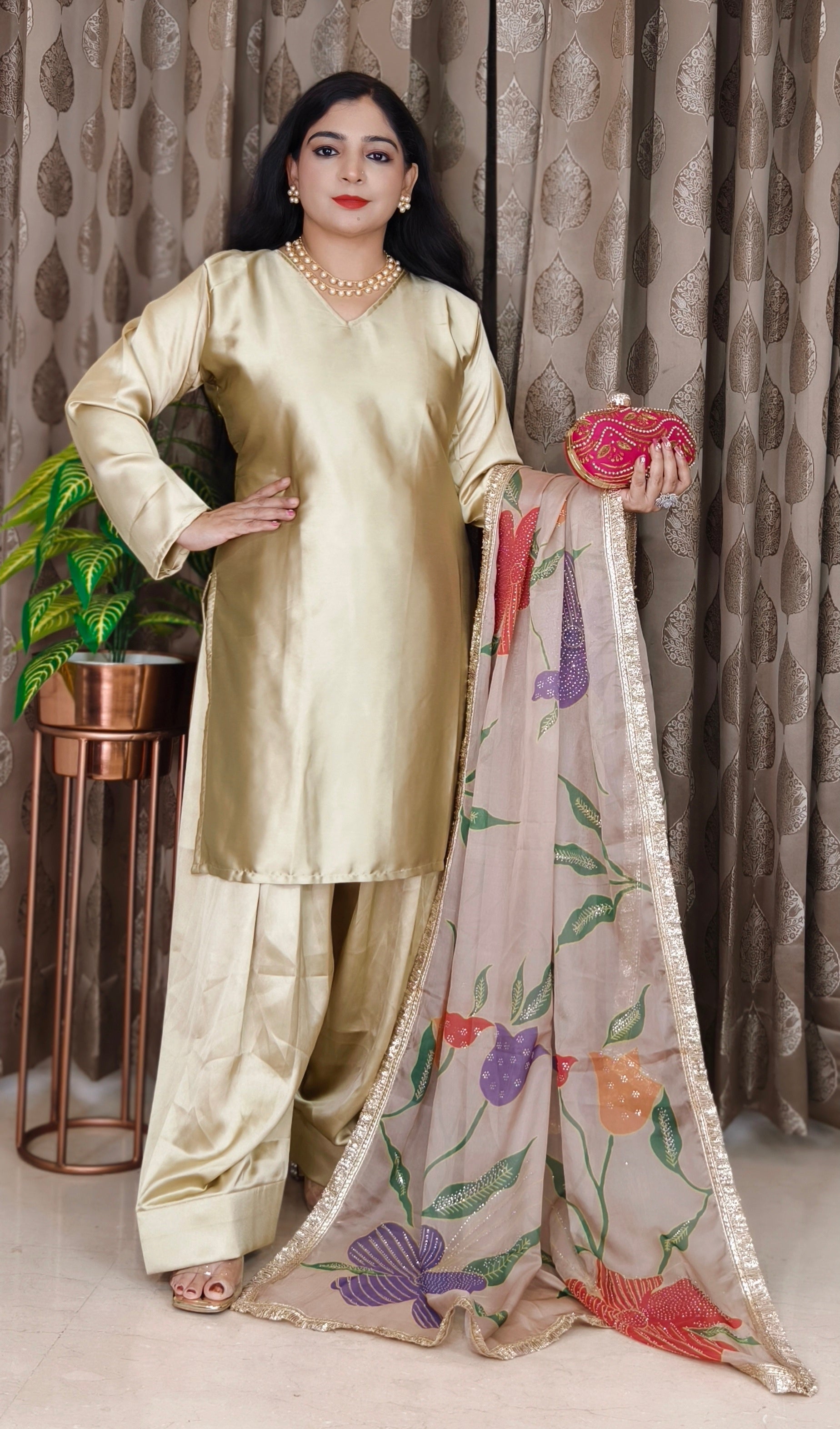 GOLDEN PREMIUM CREPE SUIT WITH HEAVY DUPATTA AND FARSI SALWAR